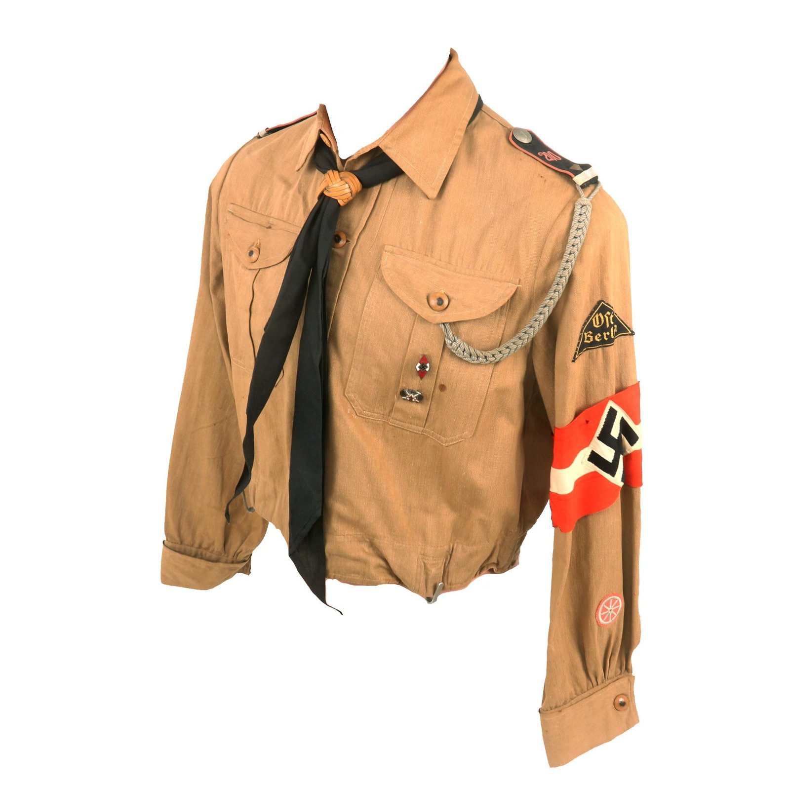 Buy Original German WWII HJ Youth East Berlin Motor HJ Oberkameradschaftsführer Uniform Tan Shirt with Scarf & Armband - Bann 200 | Original Firearms Antique For Sale