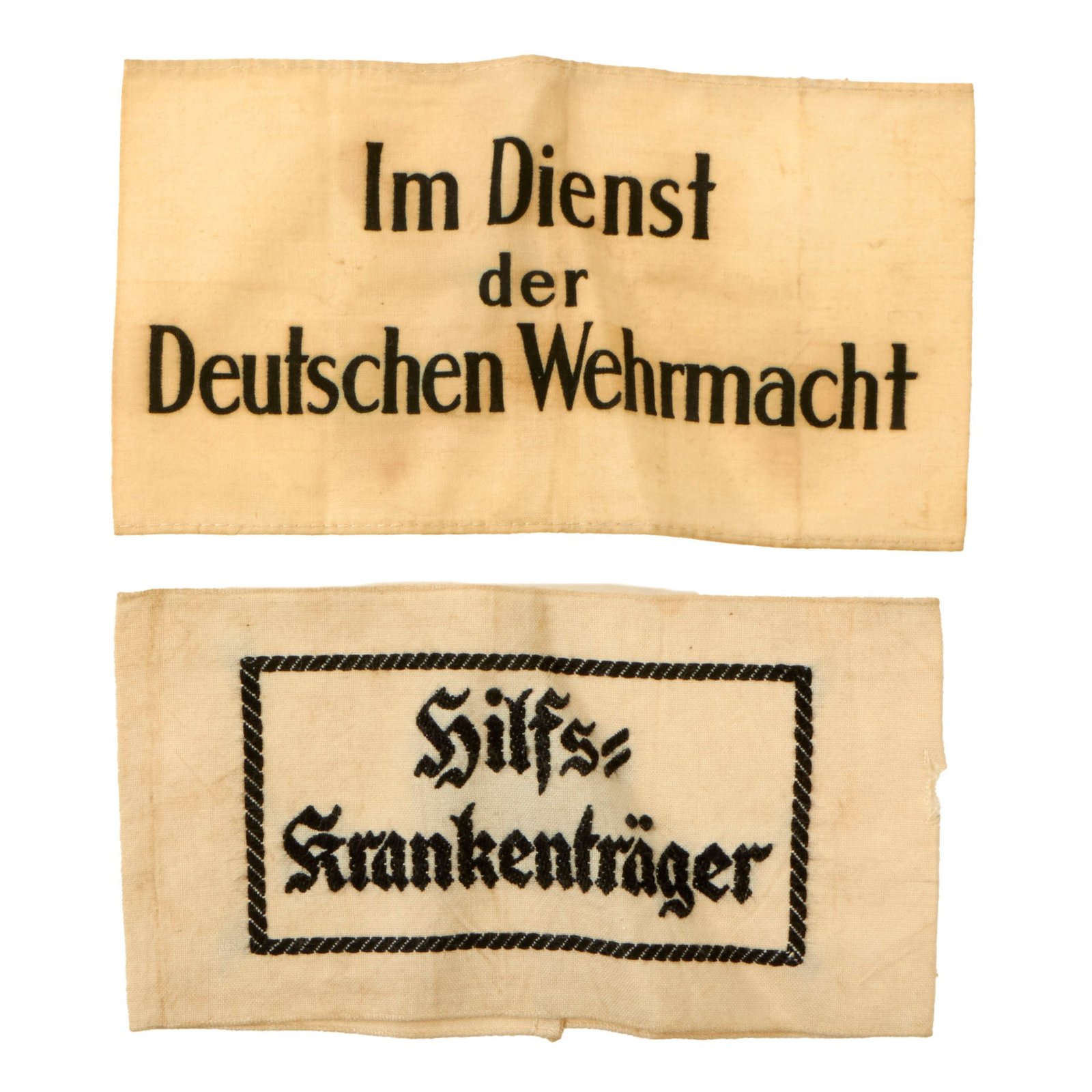 Buy Original German WWII Armband Lot - (1) Wehrmacht Non-German Civilian Service Armband and (1) Stretcher Bearer Armband - 2 Items | Original Firearms Antique For Sale