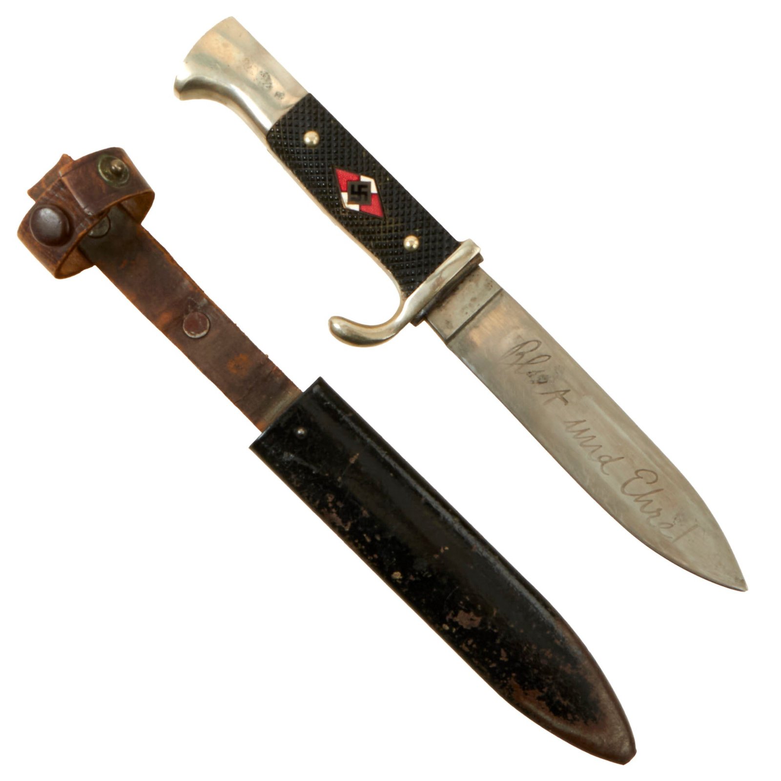 Buy Original German WWII 1937 Dated Transitional HJ Knife with Motto by Anton Wingen Jr. with Scabbard - RZM M7/51 | Original Firearms Antique For Sale
