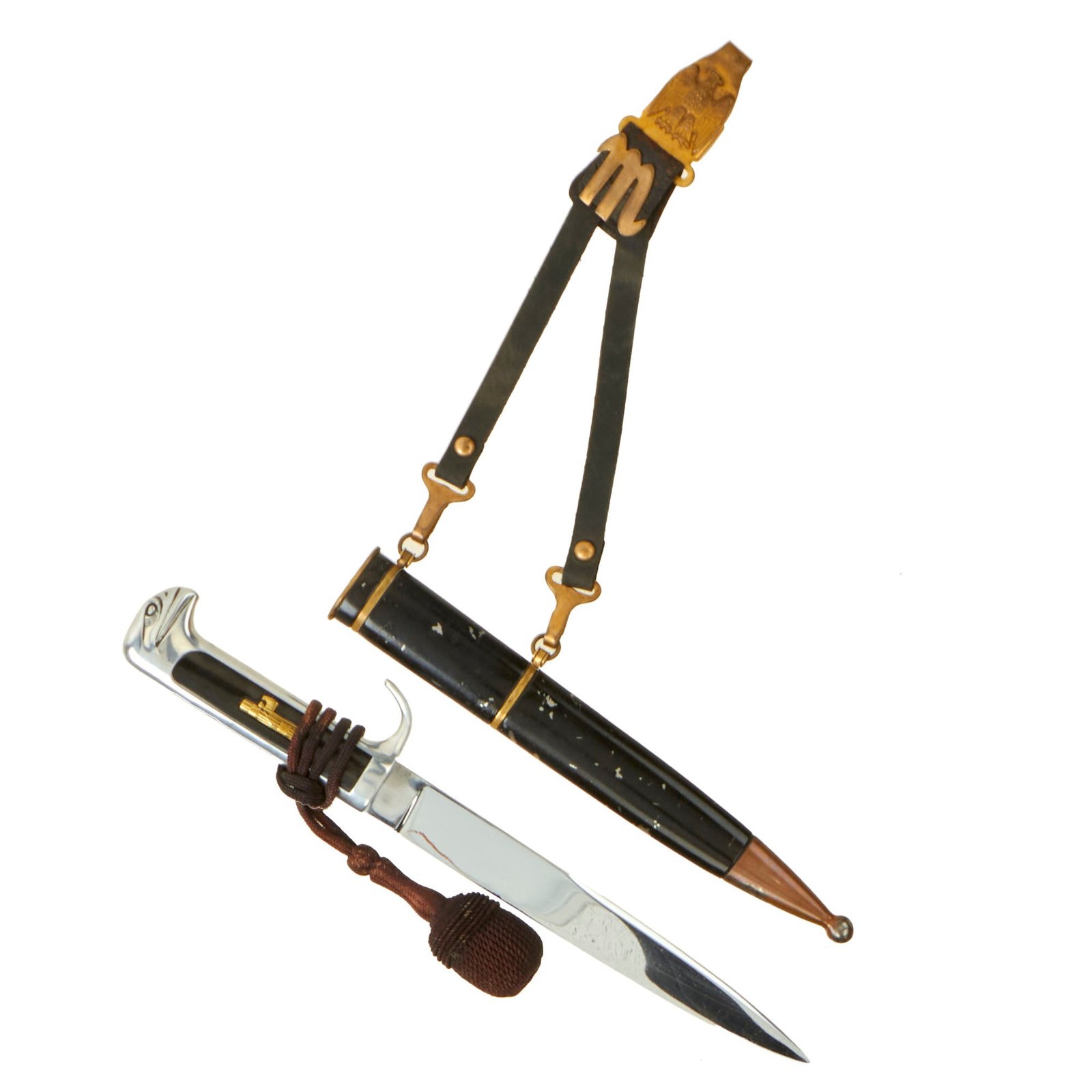 Buy Original Italian WWII M.V.S.N. Fascist Militia Blackshirts Nickel-Plated Dagger with Scabbard, Hanger, & Portopee | Original Firearms Antique For Sale