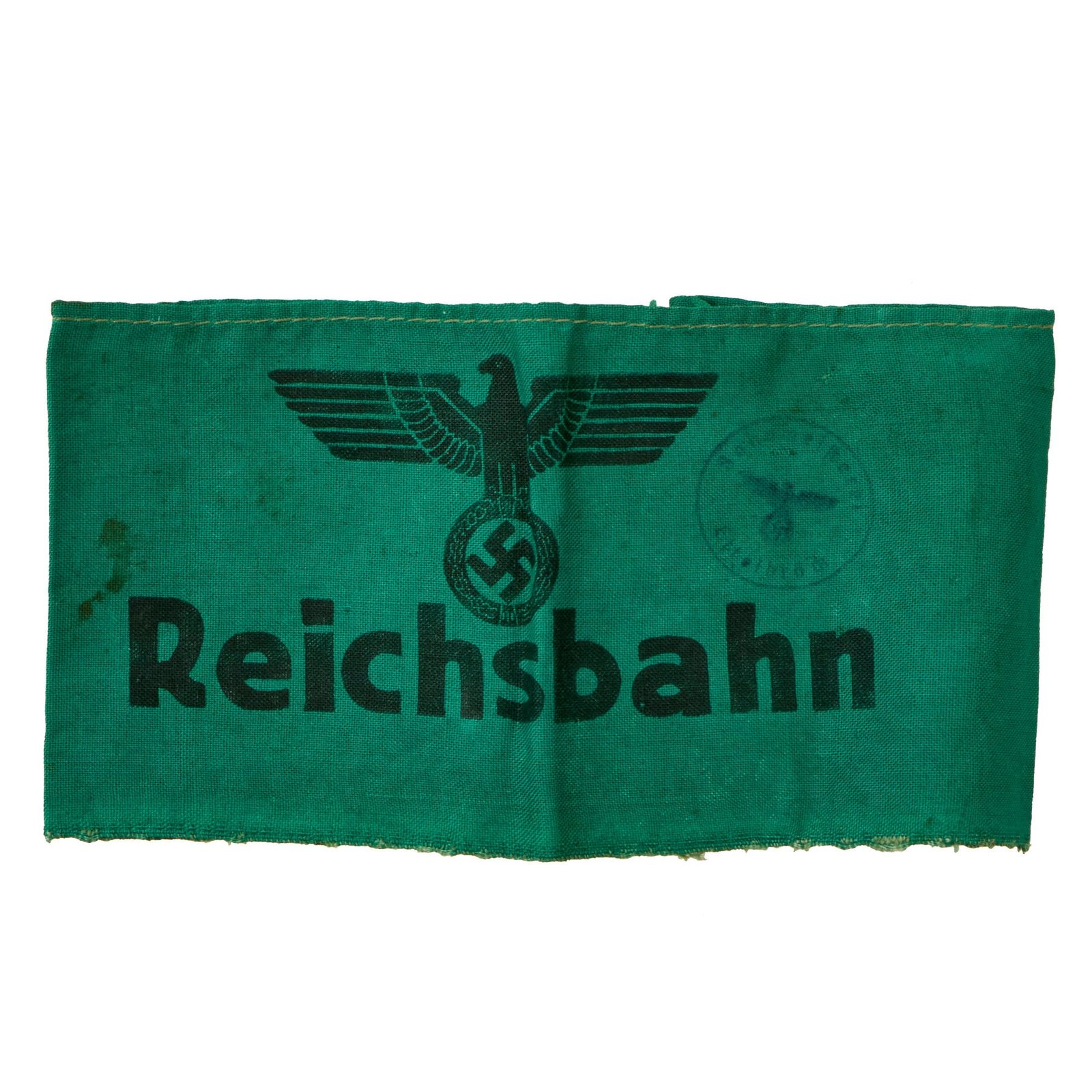Buy Original German WWII Printed Green Reichsbahn National Railway Armband with Faded Depot Stamp | Original Firearms Antique For Sale