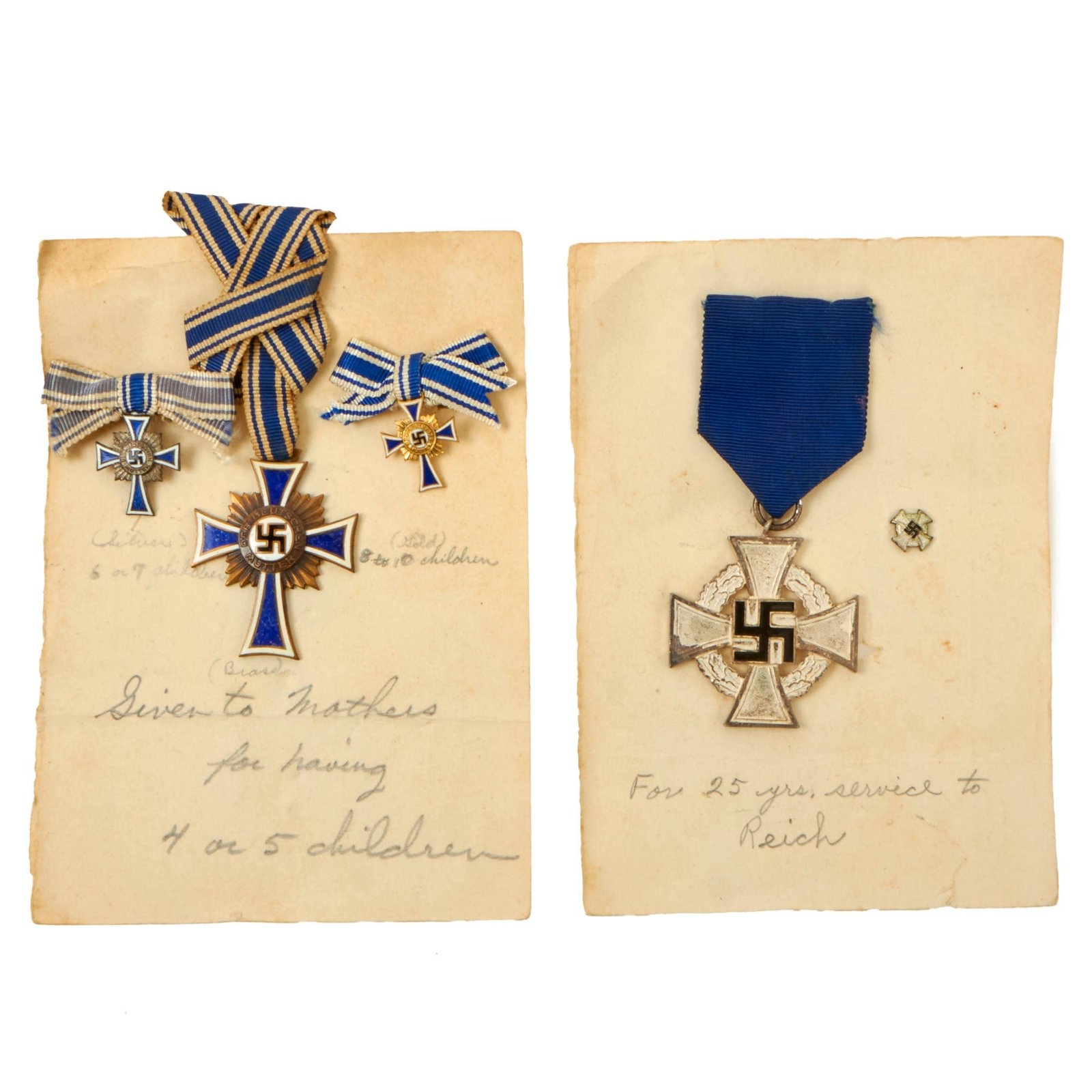 Buy Original German WWII U.S. G.I. Captured Set of Mother’s Crosses & 2nd Class 25 Year Civil Service Faithful Service Medal on Hotel Stationary | Original Firearms Antique For Sale