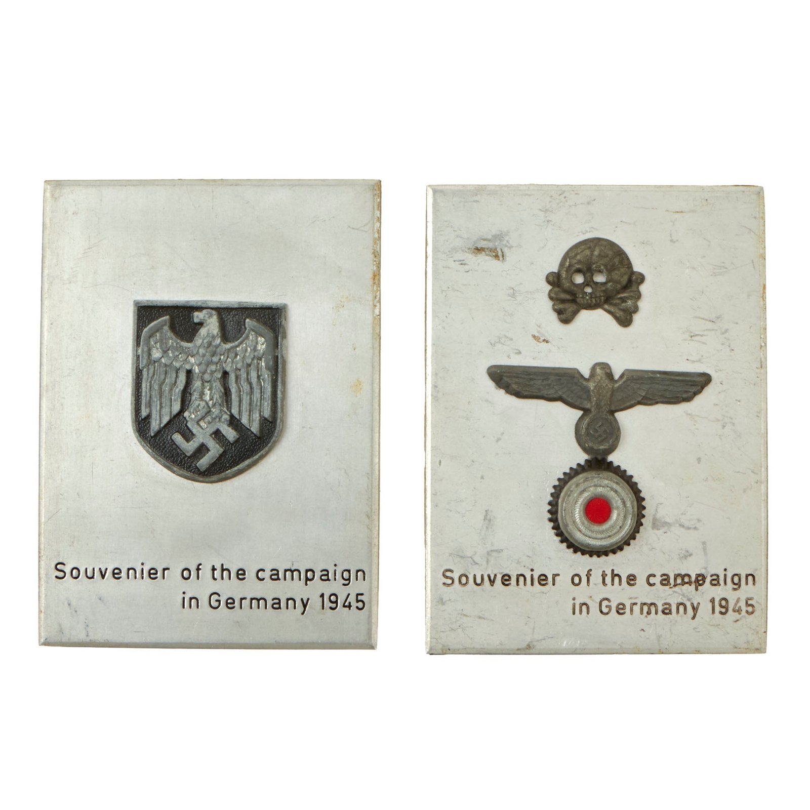 Buy Original German WWII Insignia Mounted on Souvenir Aluminum Plaques - 3 Insignia on 2 Plaques | Original Firearms Antique For Sale