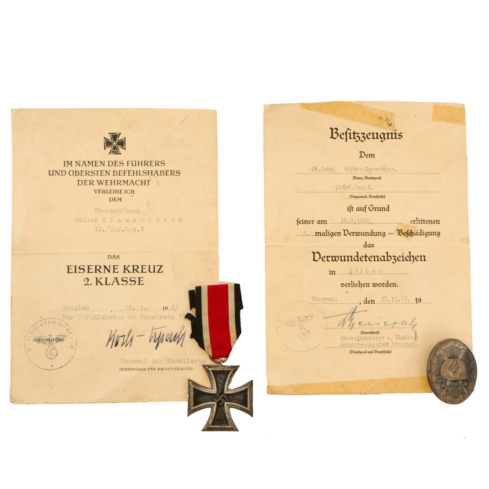 Buy Original German WWII Set of 2 Awards with Documents Named to Oberschützen Walter Clausnitzer of Infantry Regiment 8 | Original Firearms Antique For Sale