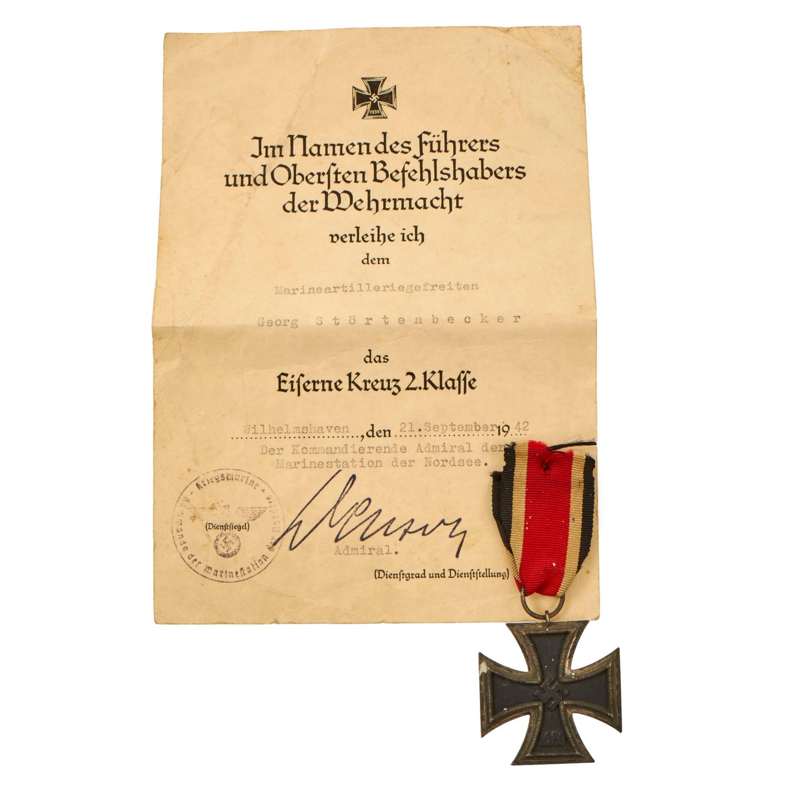 Buy Original German WWII Iron Cross 2nd Class 1939 EKII with Named Award Document - Kriegsmarine Coastal Artillery North Sea Region | Original Firearms Antique For Sale