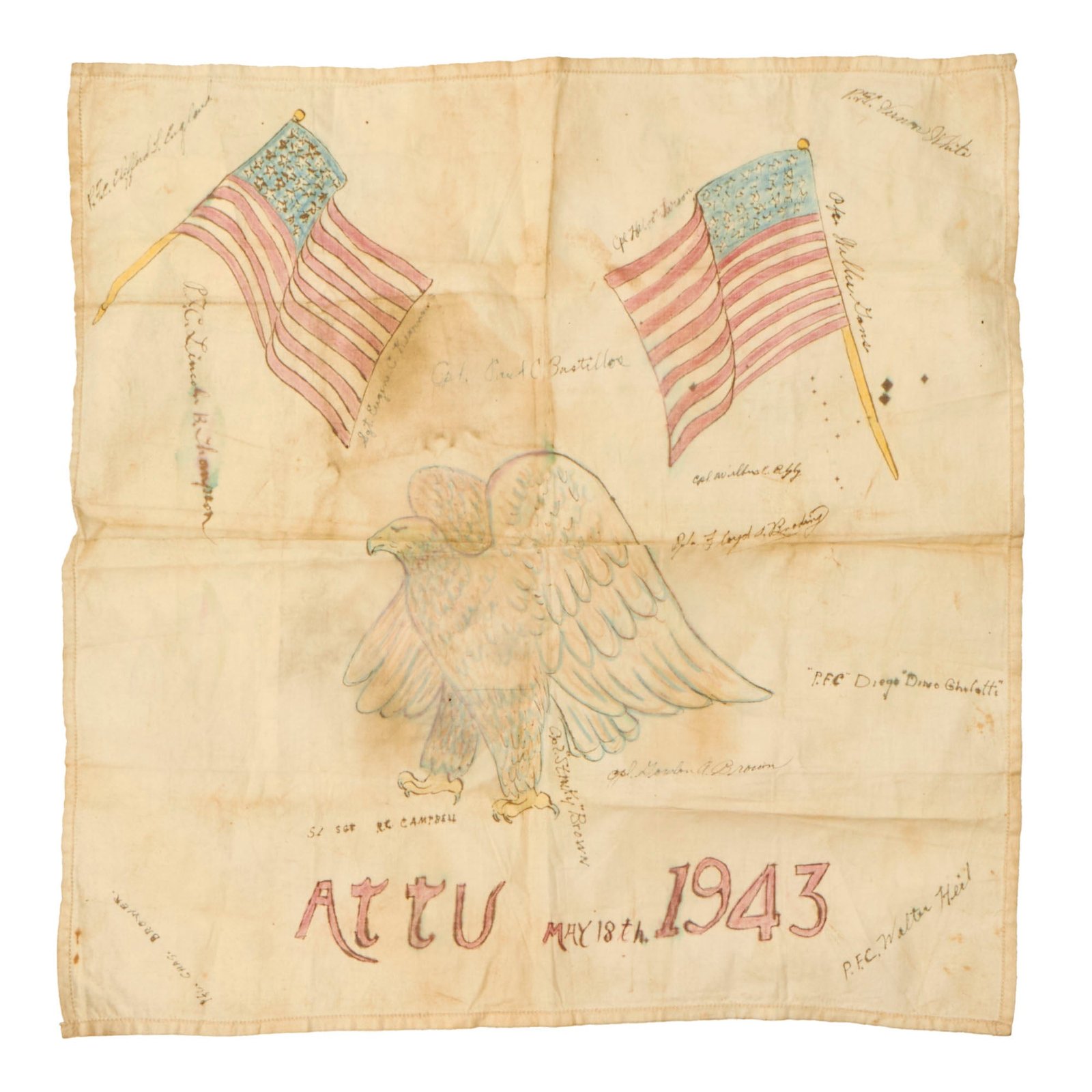 Buy Original U.S. WWII Battle of Attu Operation Landcrab Handkerchief Signed by 15 Members of 4th Infantry Regiment - Dated May 18th, 1943 | Original Firearms Antique For Sale