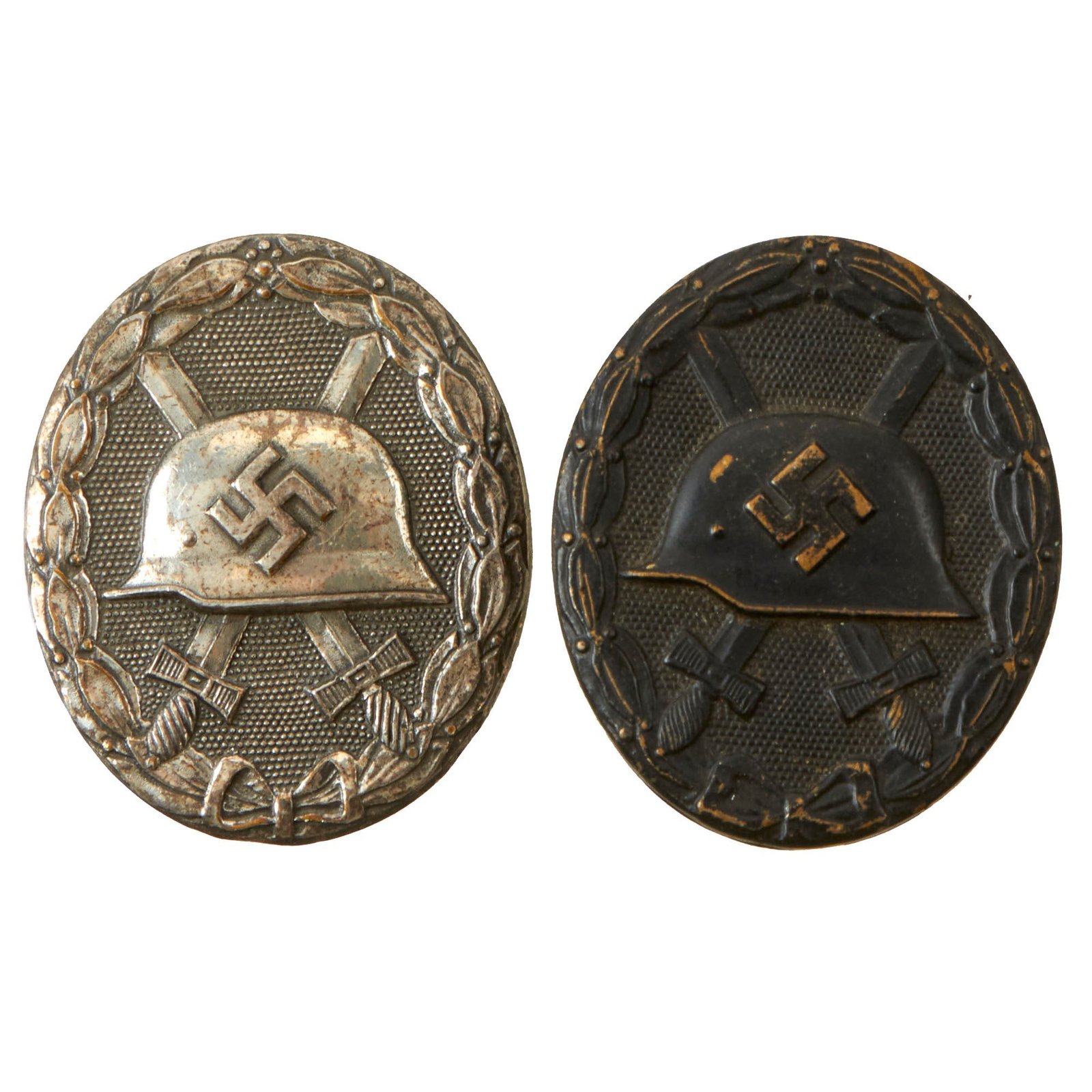 Buy Original German WWII Set of Two Early Brass Wound Badges - 2nd Class in Silver and 3rd Class in Black by Schauerte & Hohfeld | Original Firearms Antique For Sale