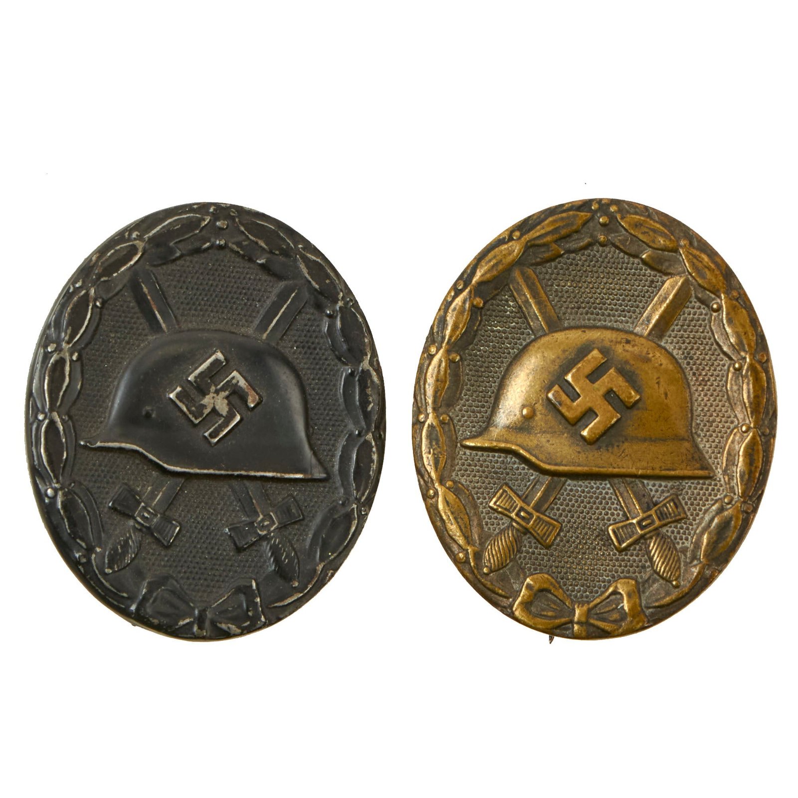 Buy Original German WWII Set of Two Wound Badges - Early Brass 2nd Class in Silver and Steel 3rd Class in Black | Original Firearms Antique For Sale