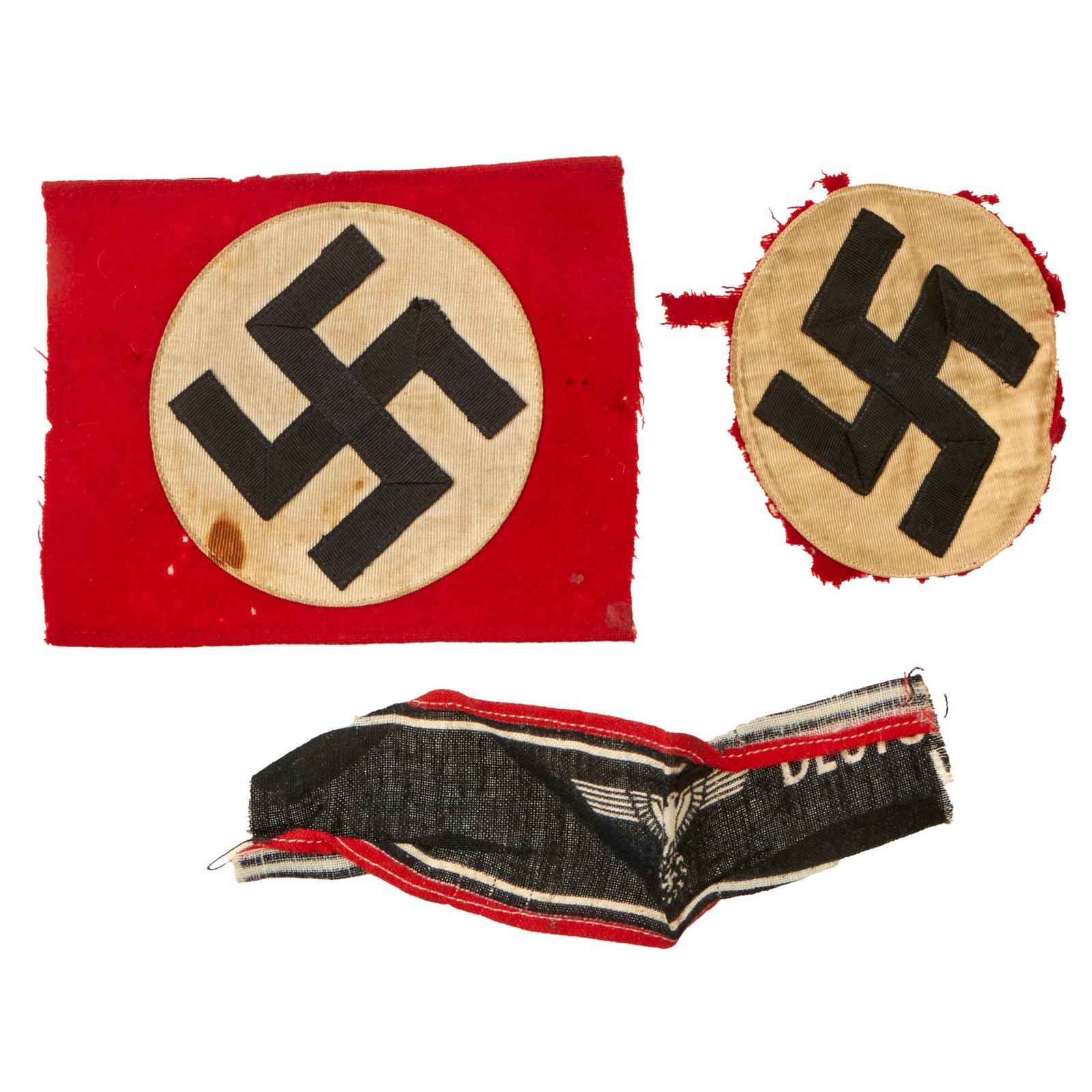 Buy Original German WWII Set of Three Cut Off Armband Sections - SS Member with BeVo SS RZM Tag, NSDAP, and Deutscher Volkssturm | Original Firearms Antique For Sale