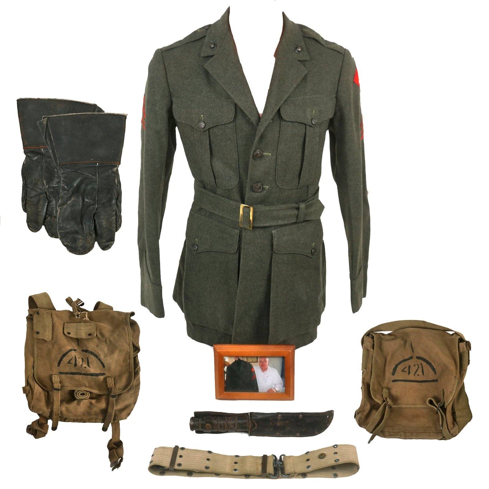Buy Original U.S. WWII Named Marine Corps Flamethrower Uniform & UNIS Marked Field Gear Grouping - Named USMC KA-BAR & Photo of Veteran with Uniform | Original Firearms Antique For Sale