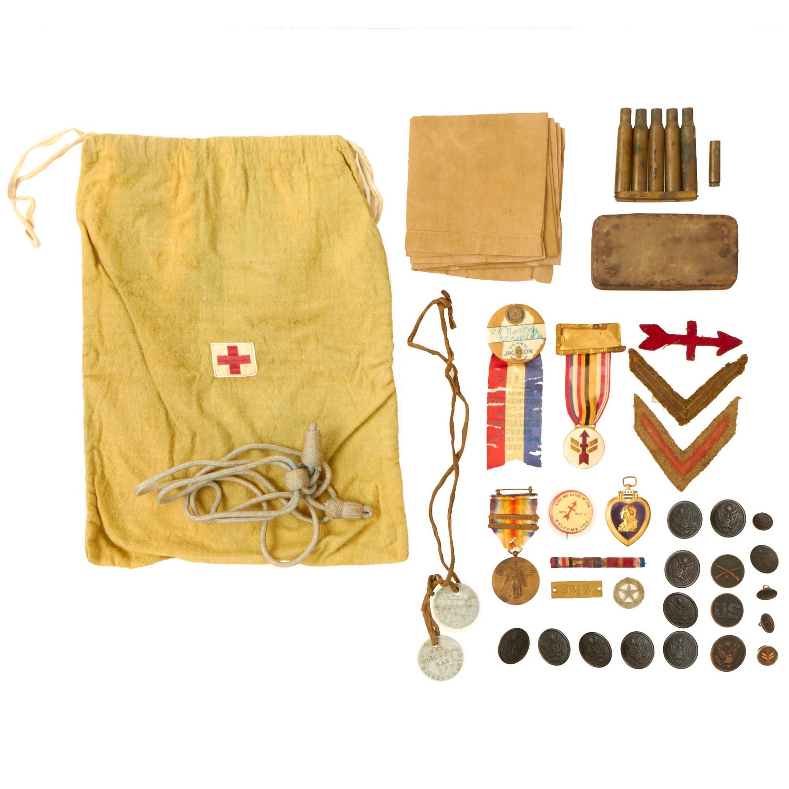 Buy Original U.S. WWI 32nd Division Wounded Soldier’s Dog Tag & Medal Grouping - Lied About Age Upon Enlistement | Original Firearms Antique For Sale