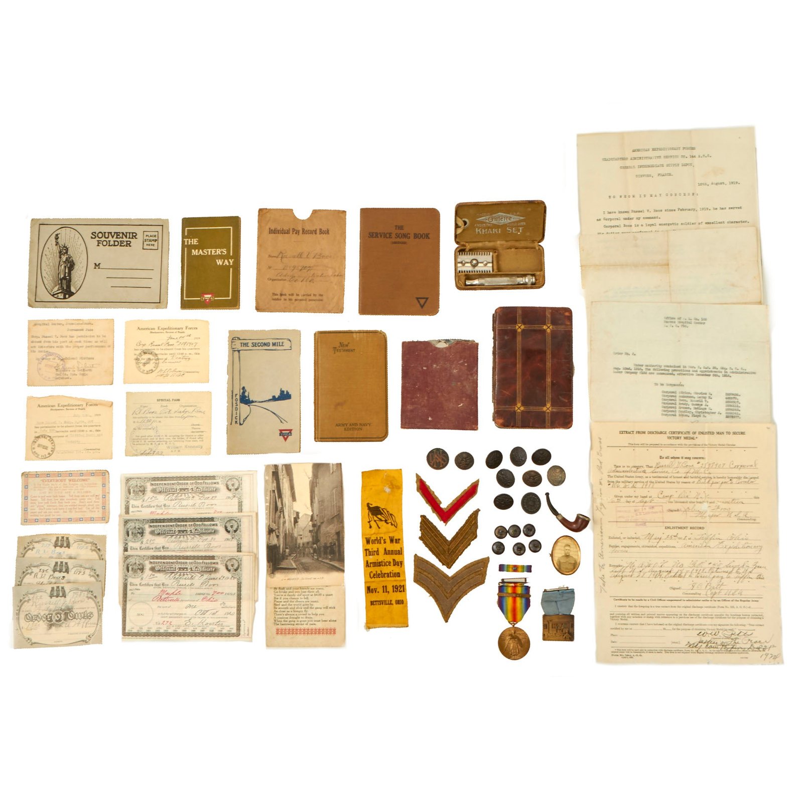 Buy Original U.S. WWI Army Service Corps Victory Medal & Ephemera Grouping - Corporal Russel V. Boos - Scarce ASC Collar Disc | Original Firearms Antique For Sale