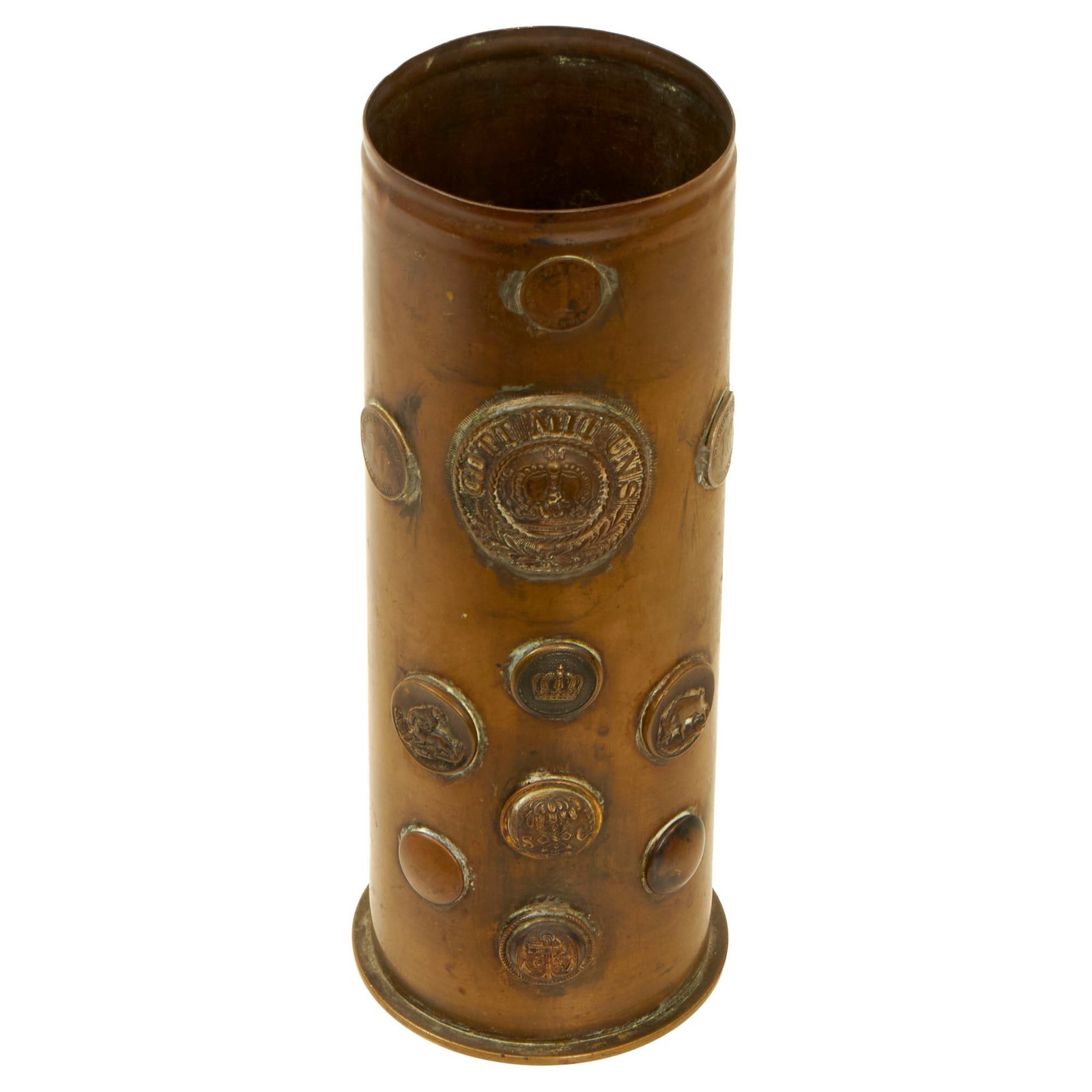 Buy Original German WWI Artillery Trench Art Shell with German Buckle & Button Insignia Attached - Dated 1909 | Original Firearms Antique For Sale