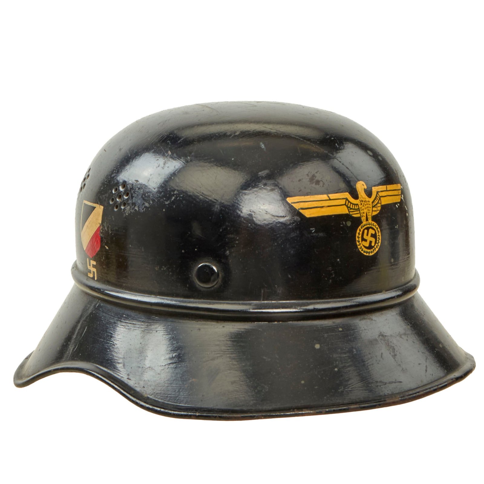 Buy Original German WWII U.S. G.I. Decorated M38 Luftschutz Beaded Gladiator Air Defense Helmet with 57cm Liner - American Soldier Painted Reichsadler & Decals | Original Firearms Antique For Sale
