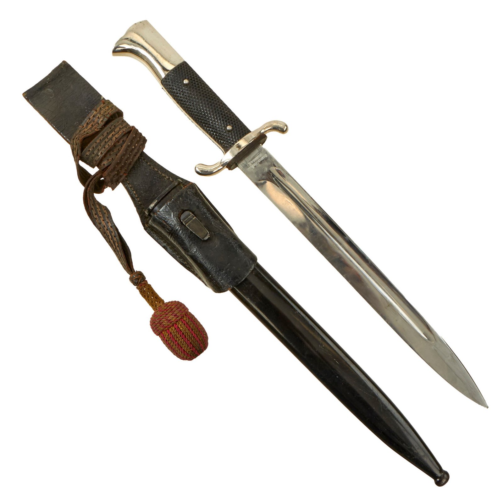 Buy Original German WWII Fireman's Long Dress Bayonet by Hermann Schellhorn with Scabbard, Frog & Troddel Knot | Original Firearms Antique For Sale