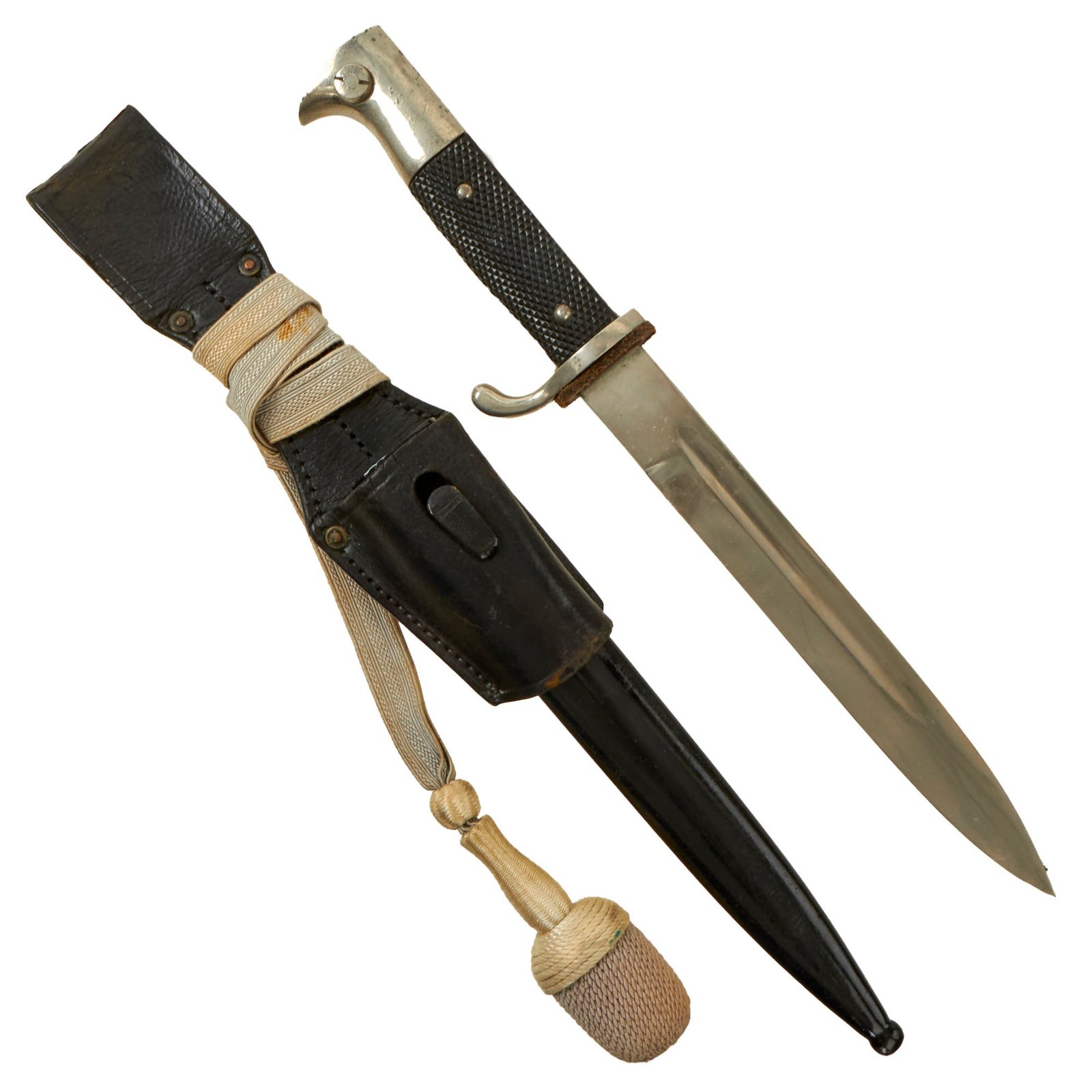 Buy Original German WWII Heer Army Short 98k Dress Bayonet with NCO Troddel, Scabbard & Frog - Unmarked | Original Firearms Antique For Sale