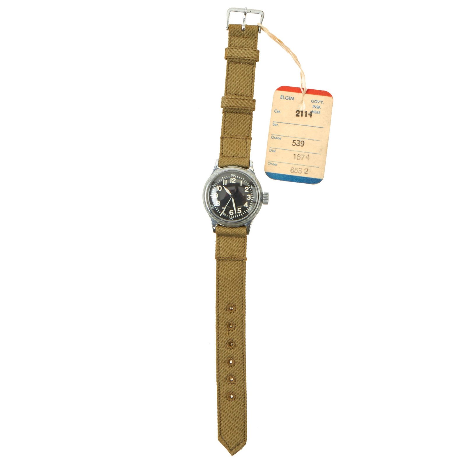 Buy Original U.S. WWII New Old Stock A-11 USAAF Wrist Watch by Elgin With Factory Tag - Serial # T424462 (1944) | Original Firearms Antique For Sale