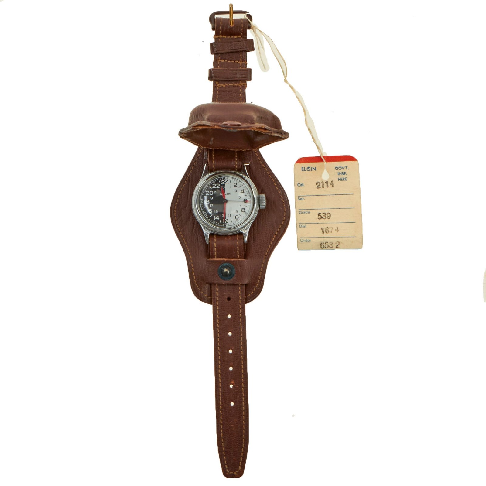 Buy Original U.S. WWII New Old Stock Type A-11 USAAF “Day/Night” 24 Hour Wrist Watch by Elgin With Original Leather Band With Cover - Serial # L98767 (1945) | Original Firearms Antique For Sale