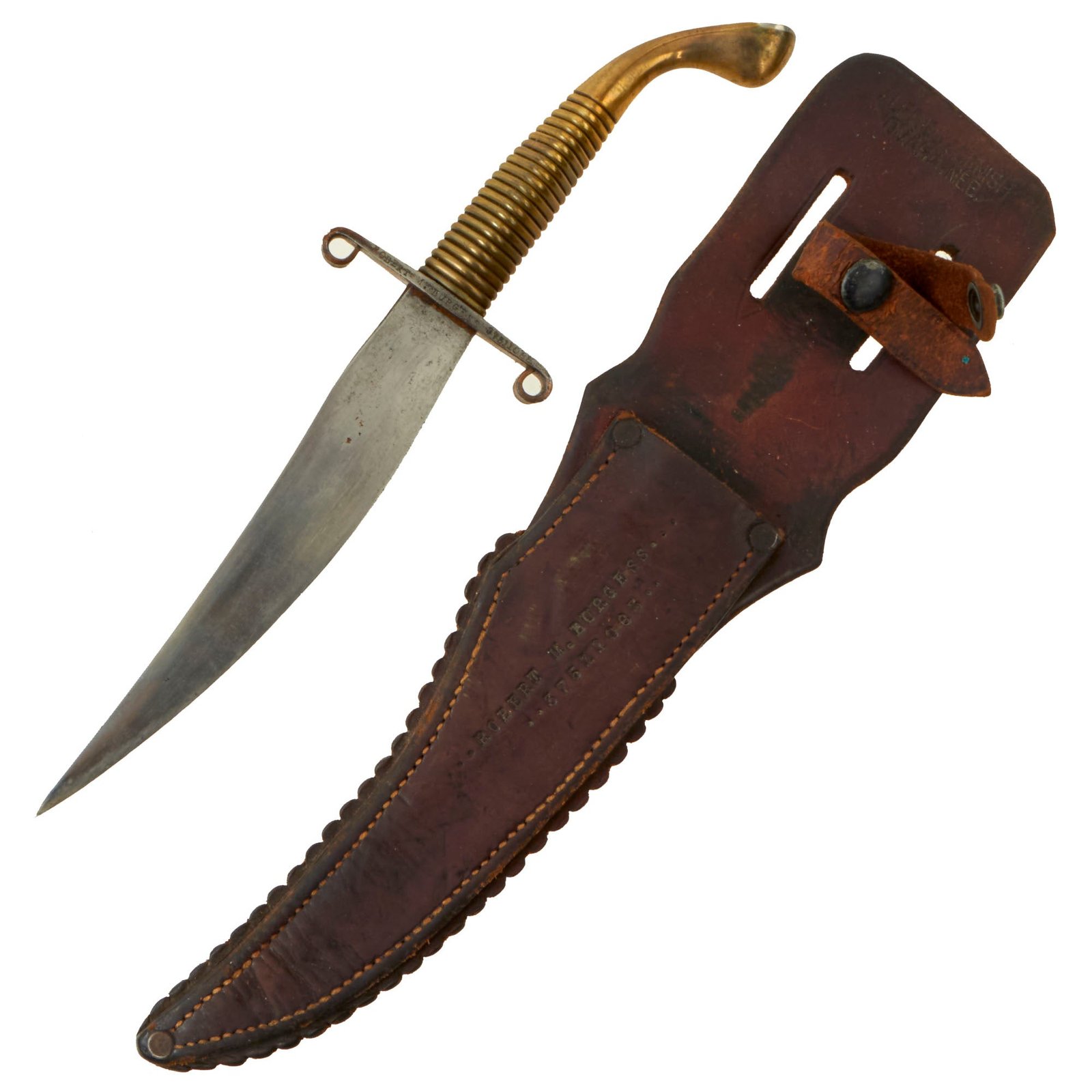 Buy Original U.S. WWII Floyd Nichols Fighting Knife with Alfred Cornish Leather Sheath Named to Robert M. Burgess ASN 37511085 | Original Firearms Antique For Sale
