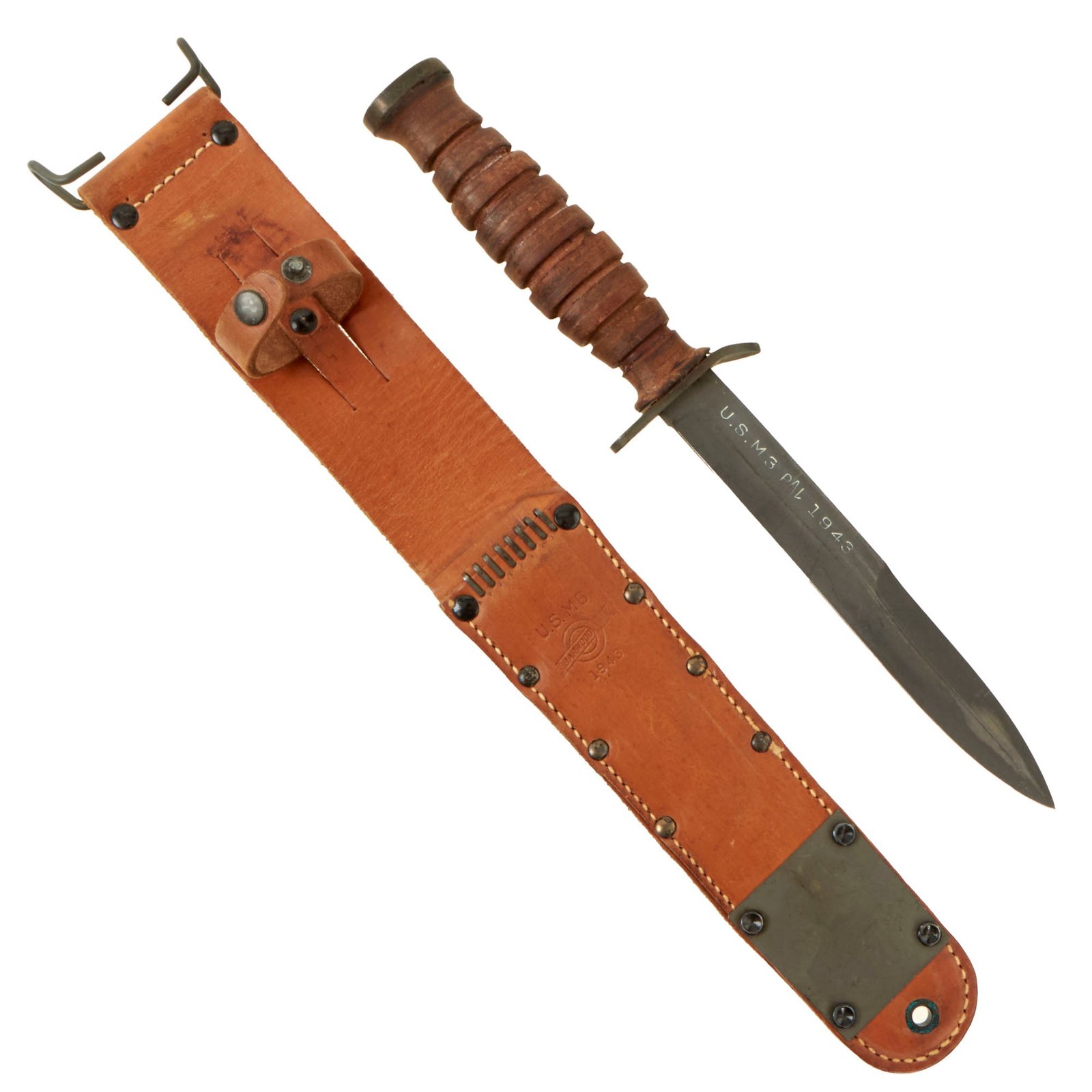 Buy Original U.S. WWII New Old Stock M3 Fighting Knife Blade Marked by PAL with 1943 Dated M6 Scabbard by Barnwood | Original Firearms Antique For Sale