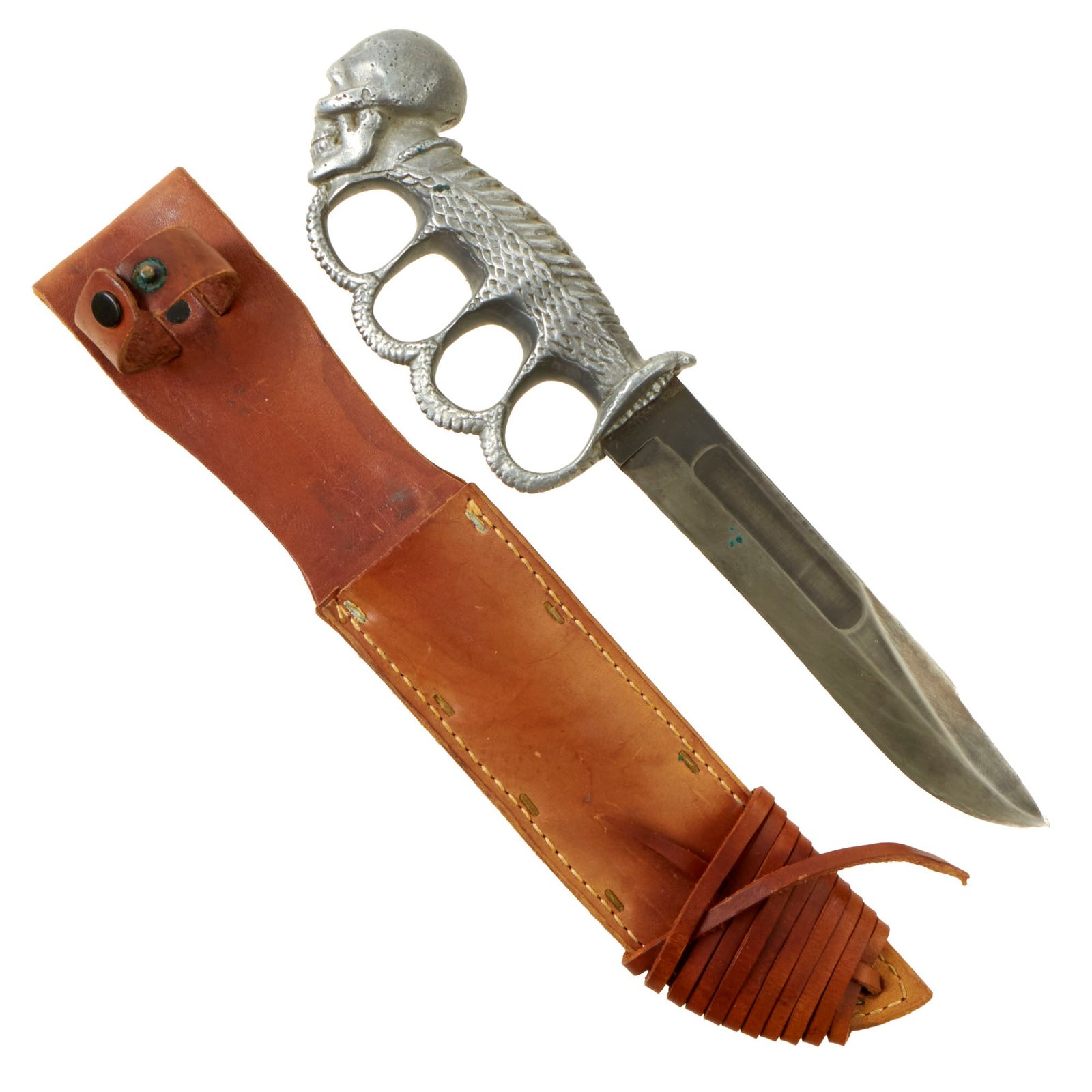 Buy Original U.S. WWII E.W. Stone Skull Knuckle Guard Style Fighting Knife With Mk 2 Camillus Ka-Bar Knife Blade and Leather Sheath - Pig Nose Variant | Original Firearms Antique For Sale