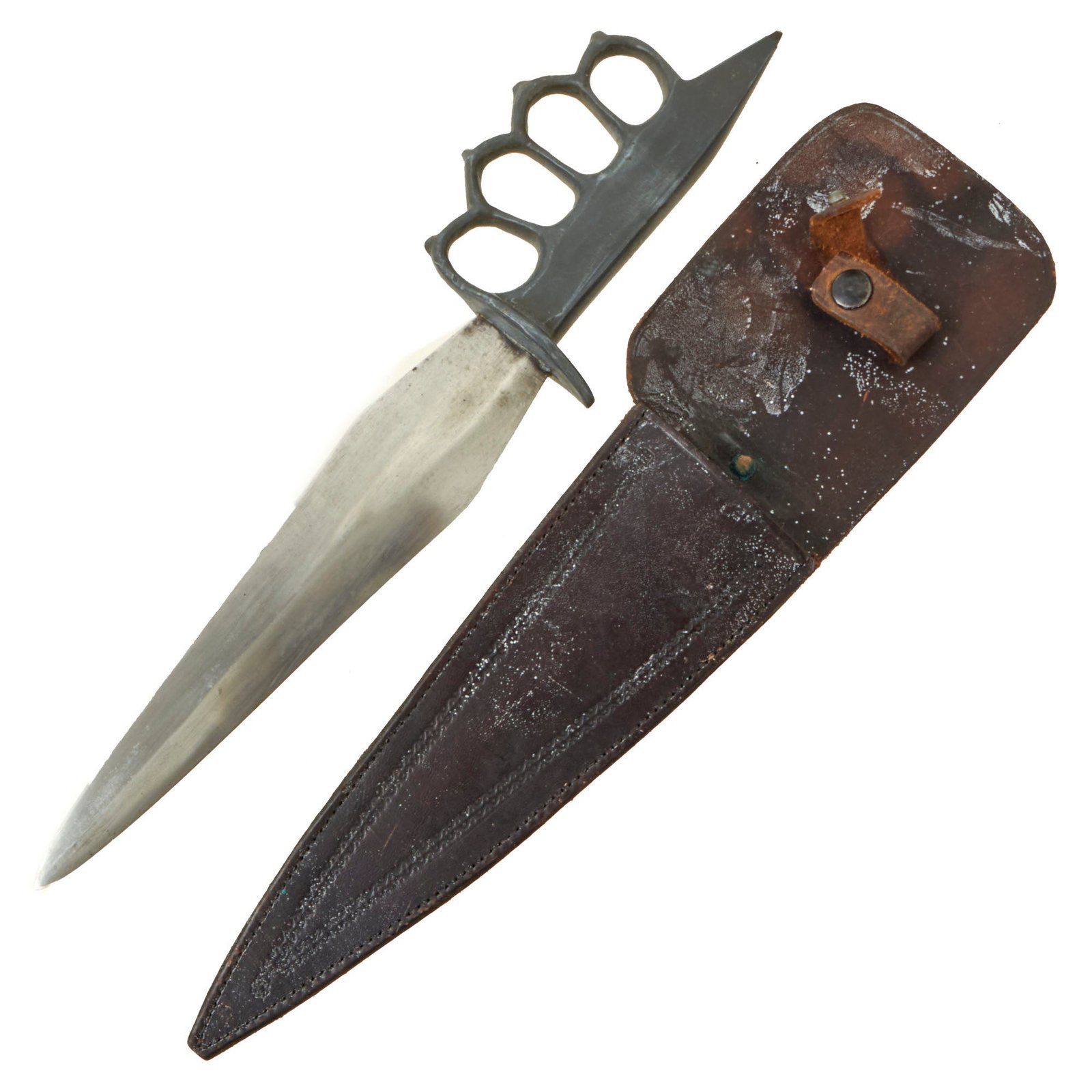 Buy Original U.S. WWII Extremely Rare Knuckle Duster Fighting Knife With Correct Leather Scabbard by the Stelzig Saddlery Company - Unmarked | Original Firearms Antique For Sale