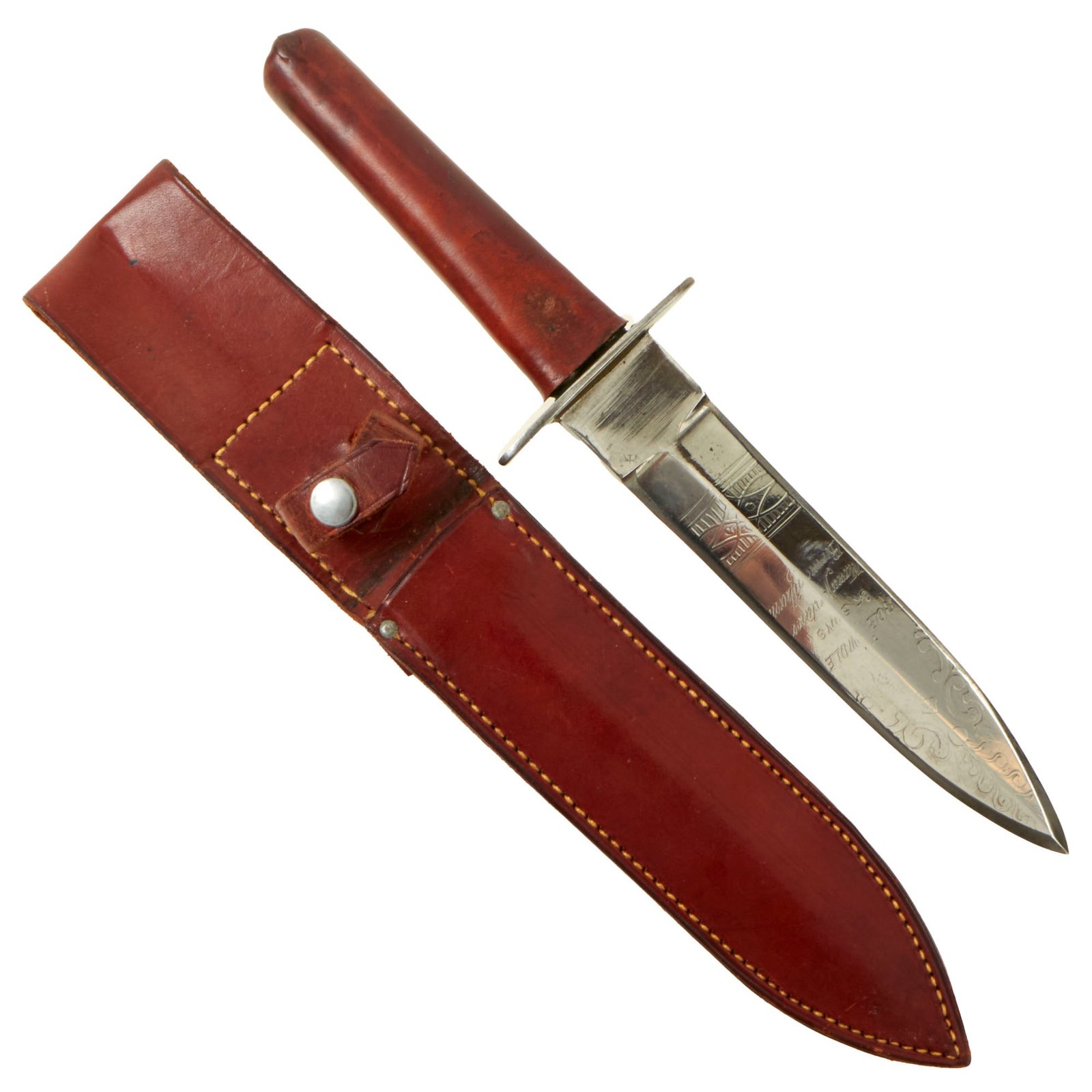 Buy Original U.S. WWII Knife Crafters Broad Spear Point Fighting Knife Constructed From Imported British Pattern 1856 Band Sword by Robert Mole with Leather Sheath | Original Firearms Antique For Sale