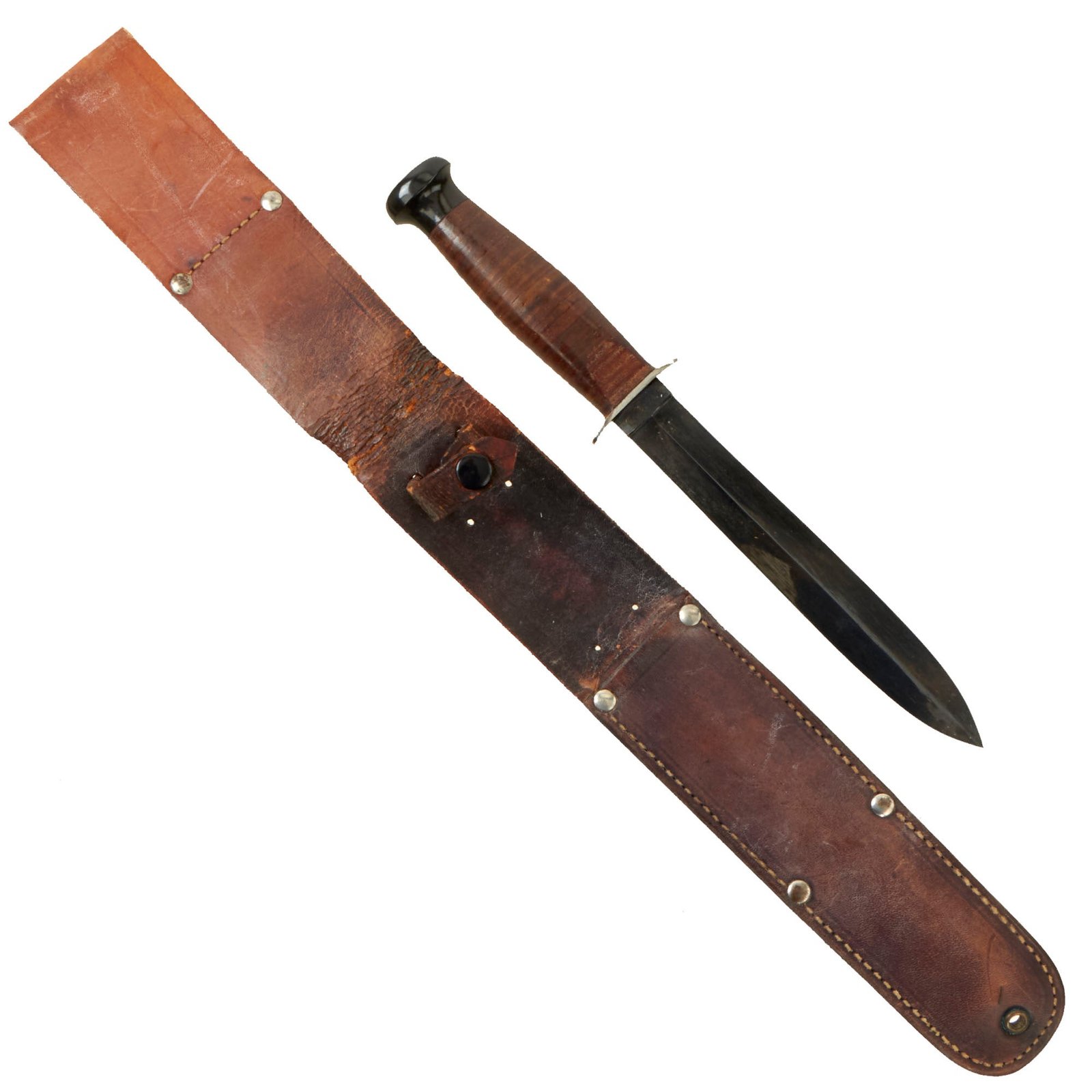 Buy Original U.S. WWII Blued Case Stiletto “OSS Commando” Fighting Knife with Rare Long Drop Leather Sheath - Excellent Condition | Original Firearms Antique For Sale