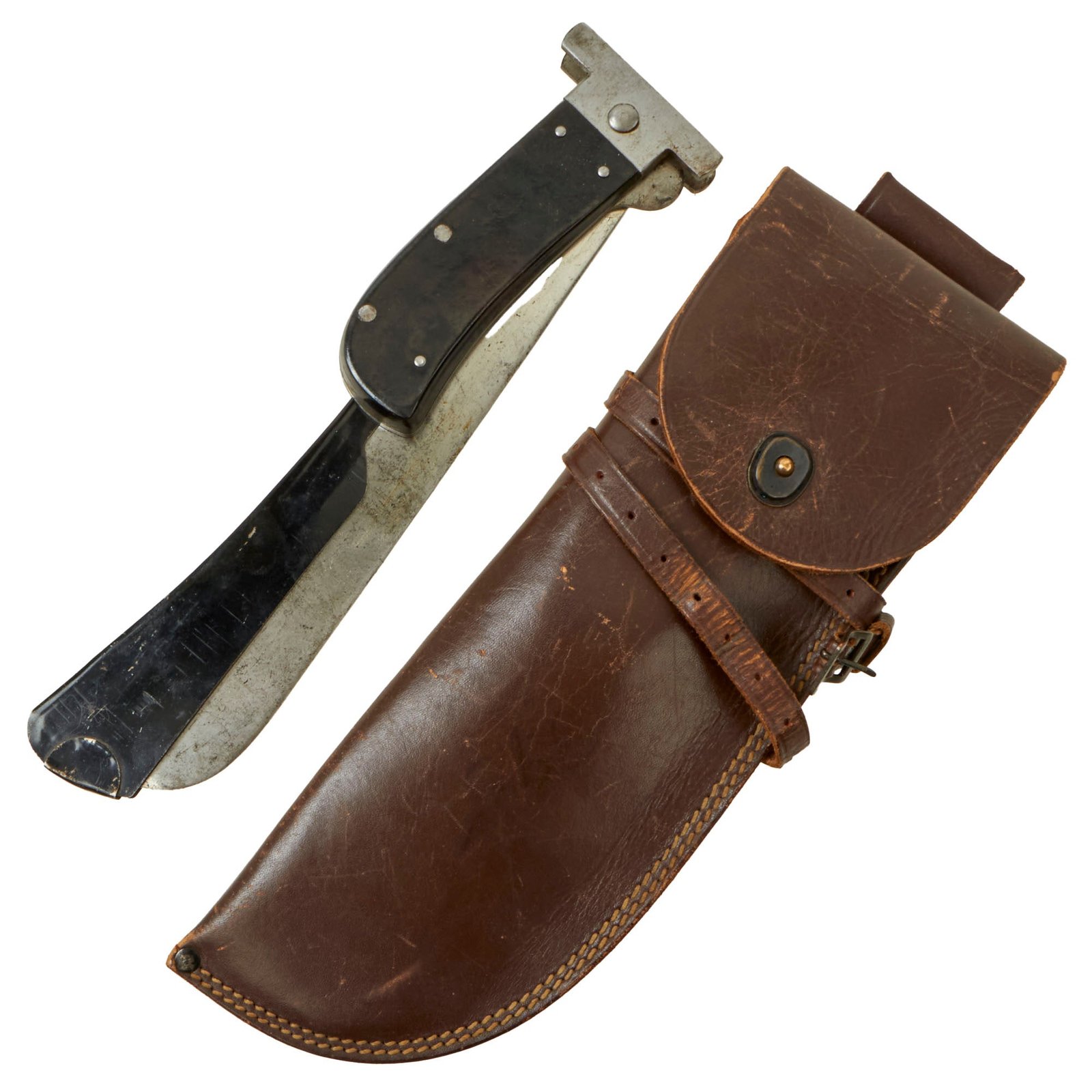 Buy Original U.S. WWII USAAF Airmen's Folding Survival Machete by Cattaraugus with Rare Blade Guard and Leather Carry Scabbard | Original Firearms Antique For Sale