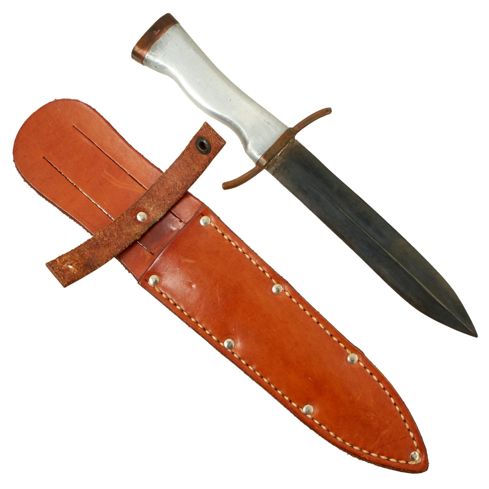 Buy Original U.S. WWII Era “Theater Made” Double-Edged Combat Knife With Cast Aluminum Handle and Leather Sheath | Original Firearms Antique For Sale