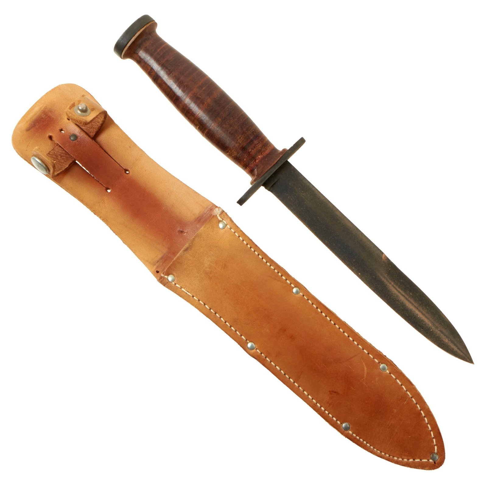 Buy Original U.S. WWII Era Rare Straight-Guard Marked “Smooth Handle” M3 Fighting Knife by CASE With Leather Handle and Leather Scabbard - Excellent Condition | Original Firearms Antique For Sale