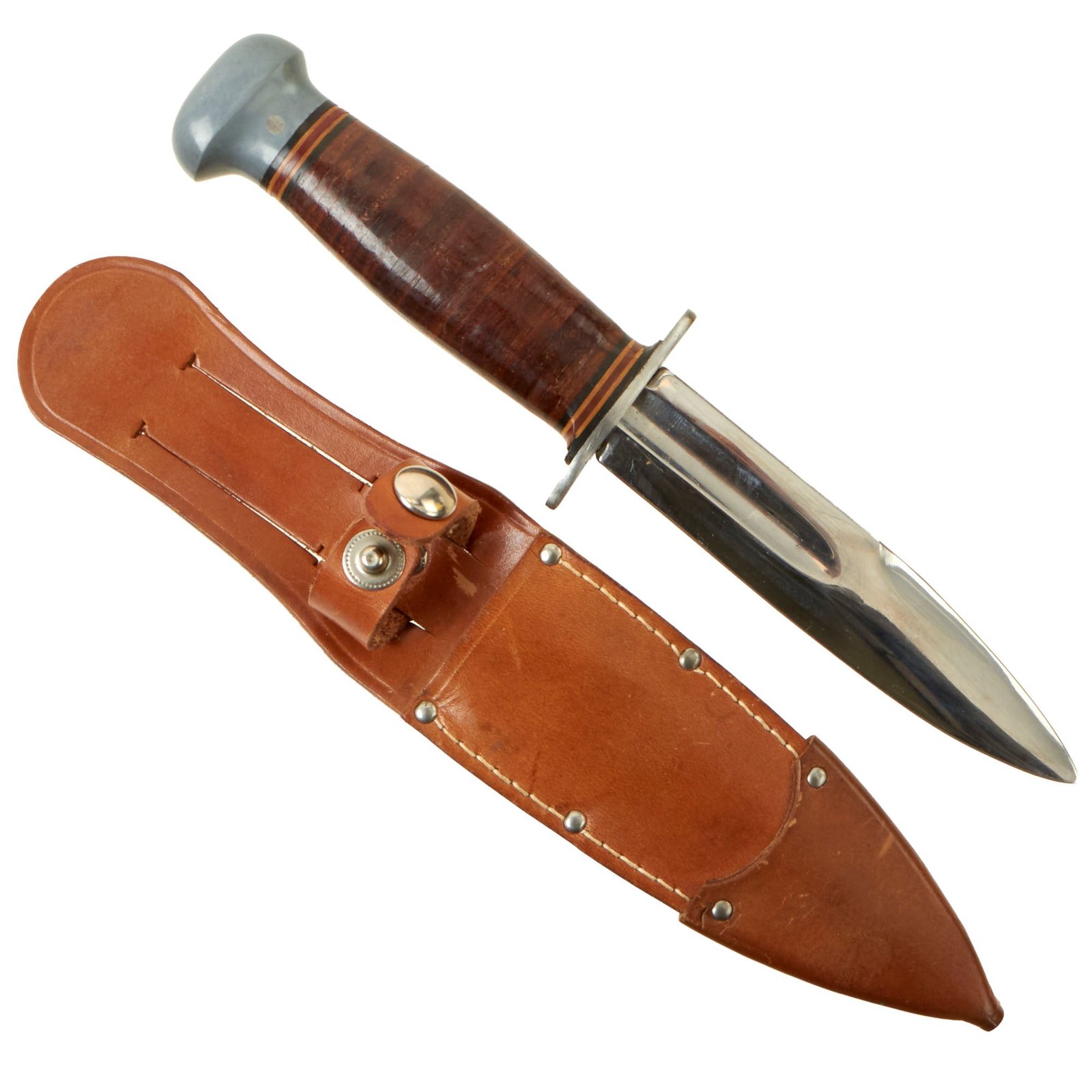 Buy Original U.S. WWII Era Theater Made Fighting Knife Constructed From The Hilt of a USN Mk1 and Cut Down M1905 Bayonet Blade With Leather Scabbard - Scottish Dirk Style | Original Firearms Antique For Sale