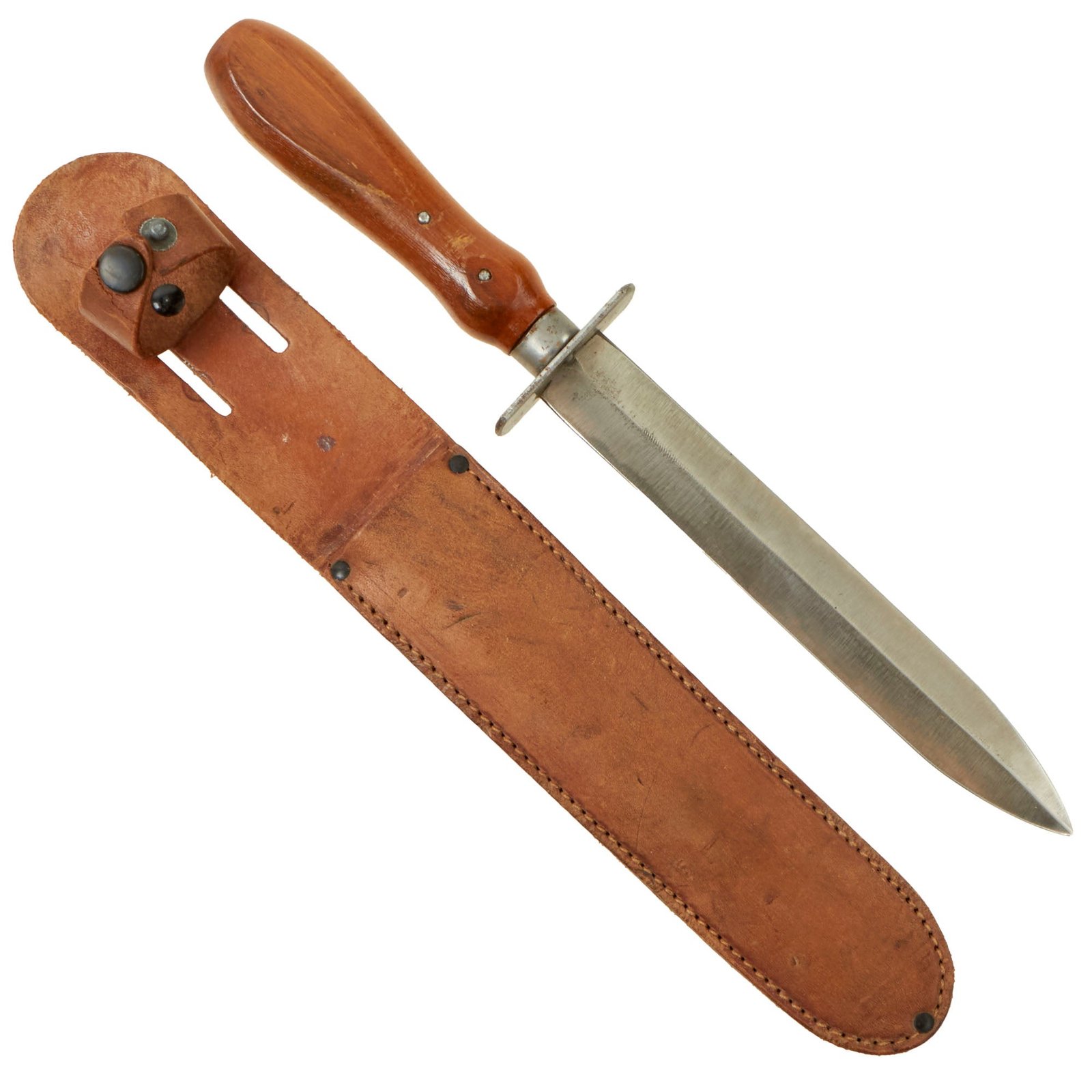 Buy Original U.S. WWII Ben Rocklin "Japanese Sticker" Fighting Knife with Leather Belt Scabbard | Original Firearms Antique For Sale