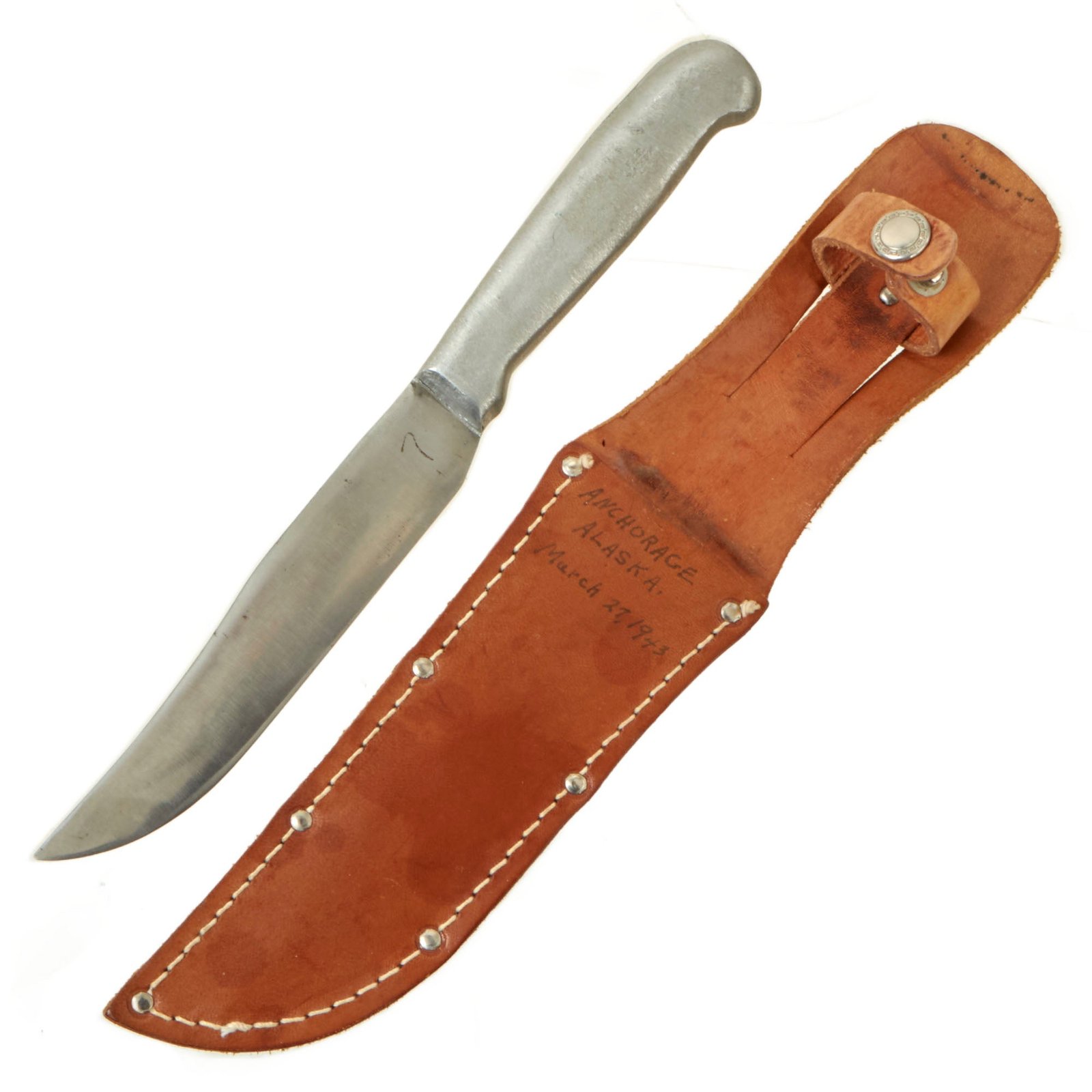 Buy Original U.S. WWII F.J. Richtig Aluminum Hunter / Carver Fighting Knife with Location & Date Marked Belt Sheath | Original Firearms Antique For Sale