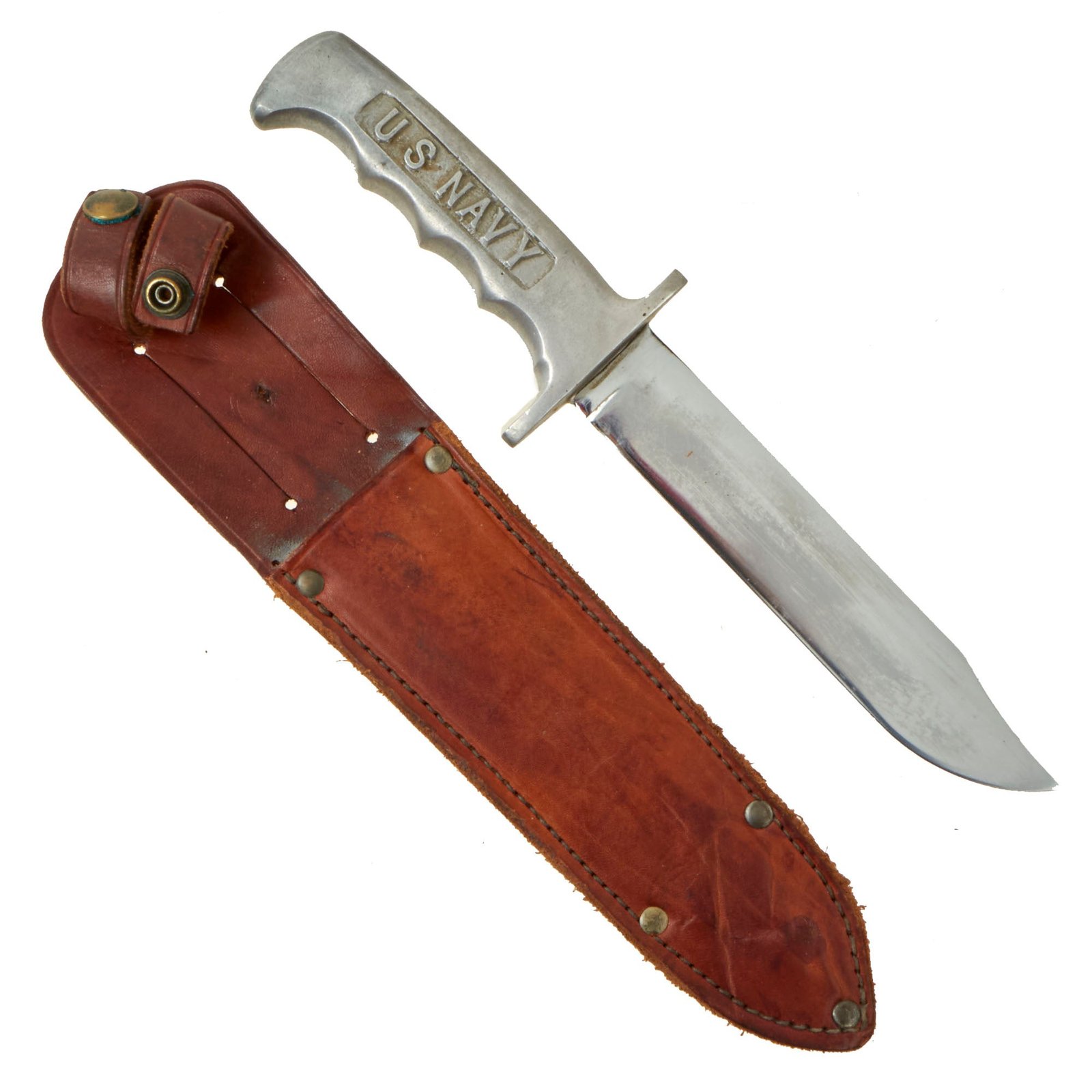 Buy Original U.S. WWII Early War U.S. Navy Aluminum Hilt “Fighting Knife” With Leather Sheath by Grieshaber Manufacturing Company of Chicago, Illinois | Original Firearms Antique For Sale