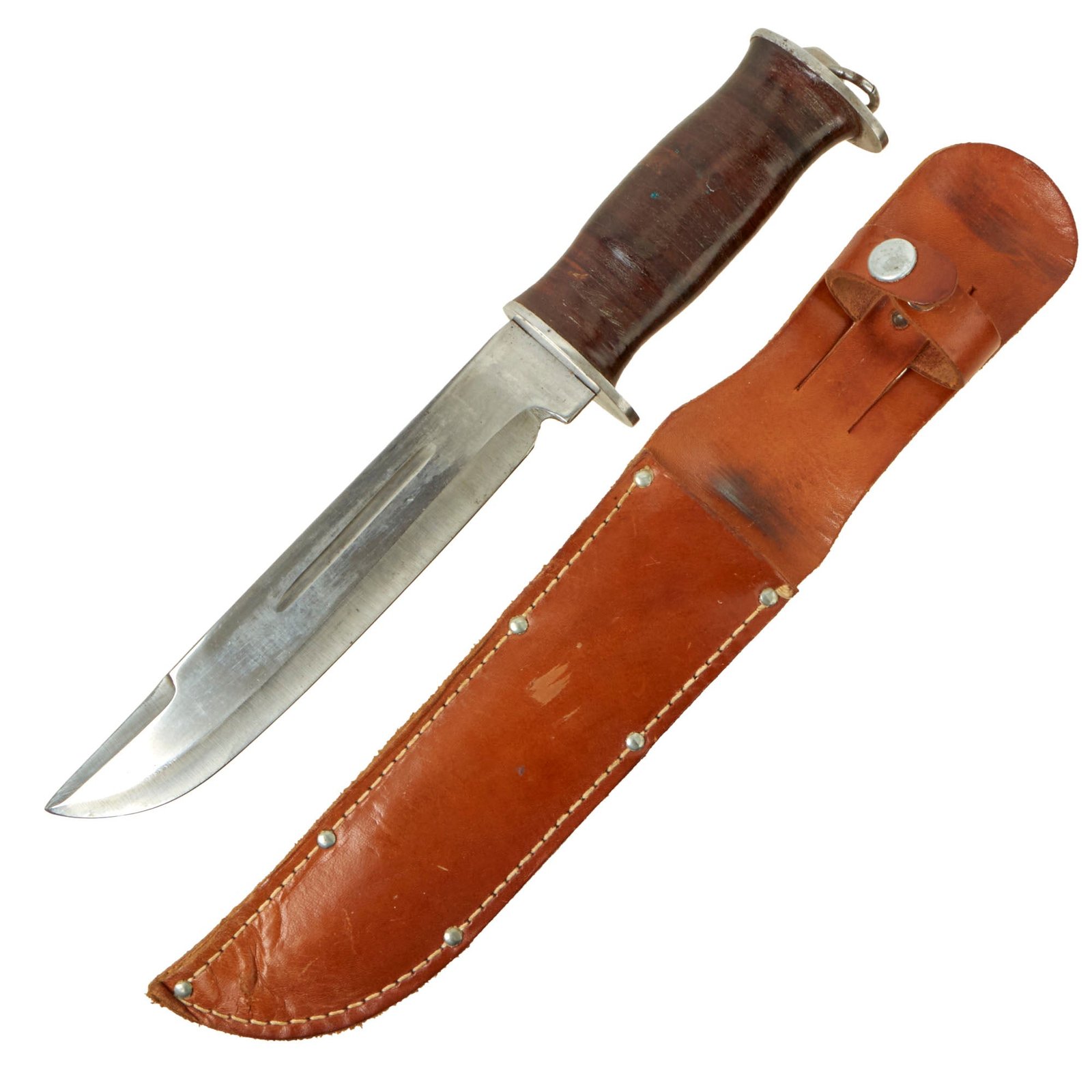 Buy Original WWII Large EG Waterman EGW Stacked Leather Grip Fighting Knife with Sheath | Original Firearms Antique For Sale