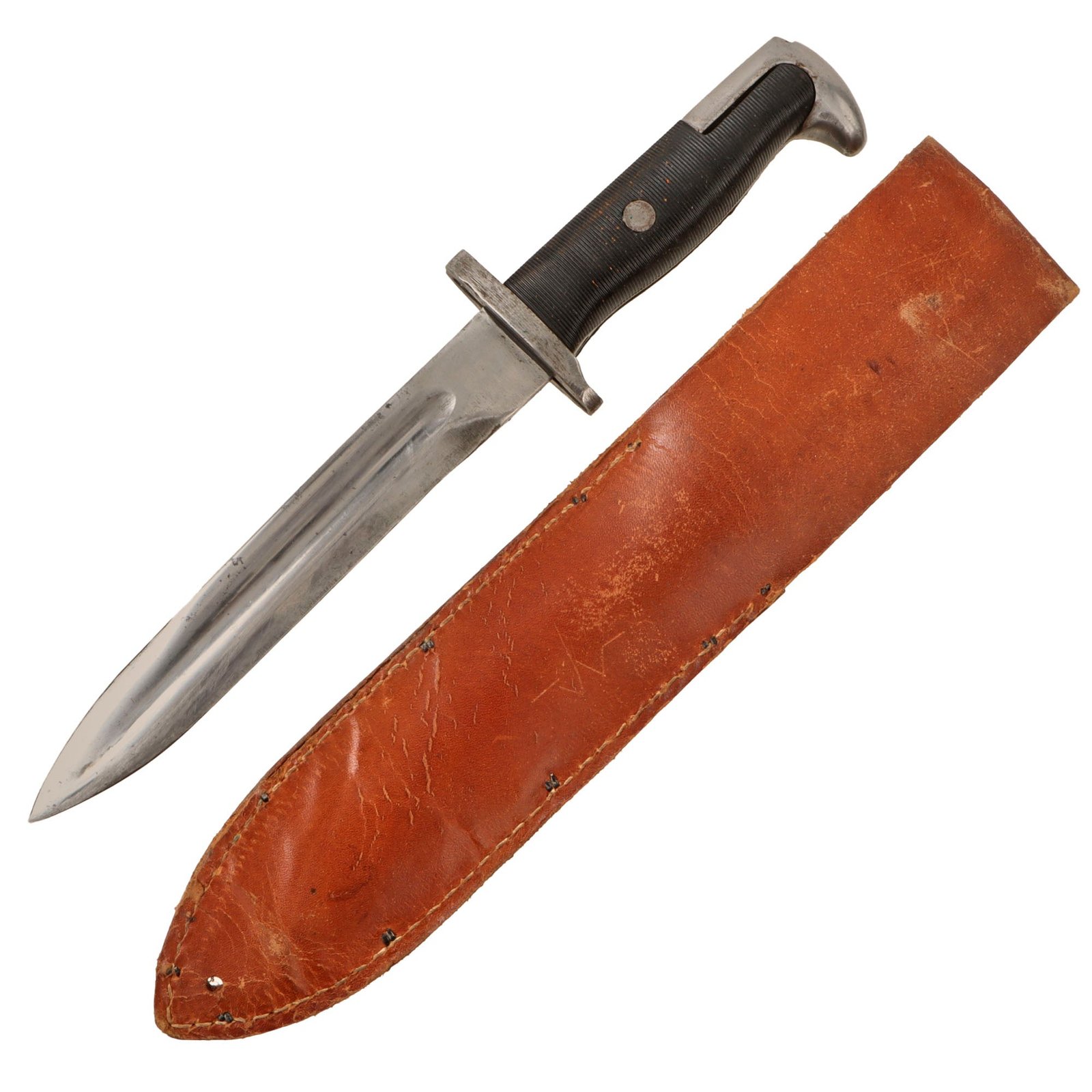 Original U.S. WWII Theater Made M1 Garand Bayonet Fighting Knife With Nickeled Blade & Leather Sheath