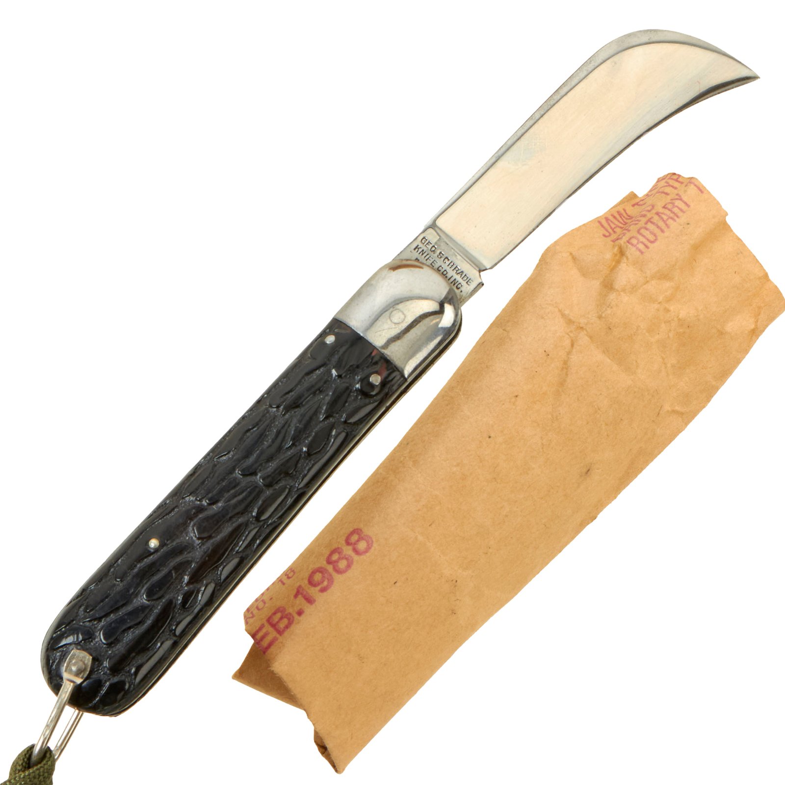 Buy Original U.S. WWII Airborne Schrade Presto M2 No.2 Hook-Bill Paratrooper Knife with Painted Metal Handle & Post-War Lanyard | Original Firearms Antique For Sale