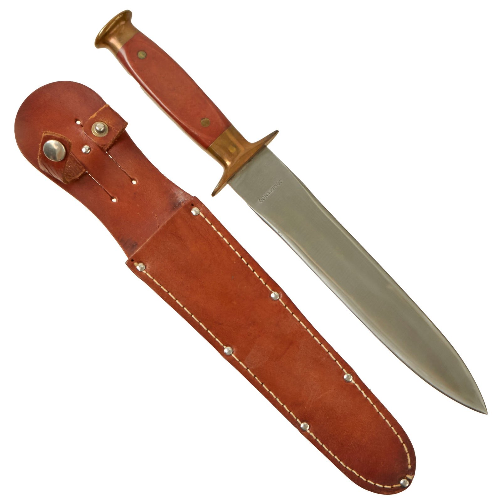 Buy Original U.S. WWII Era Custom Made Private Purchase 8” Spear Point Dagger Fighting Knife With Leather Belt Sheath - Marked “Commando” | Original Firearms Antique For Sale