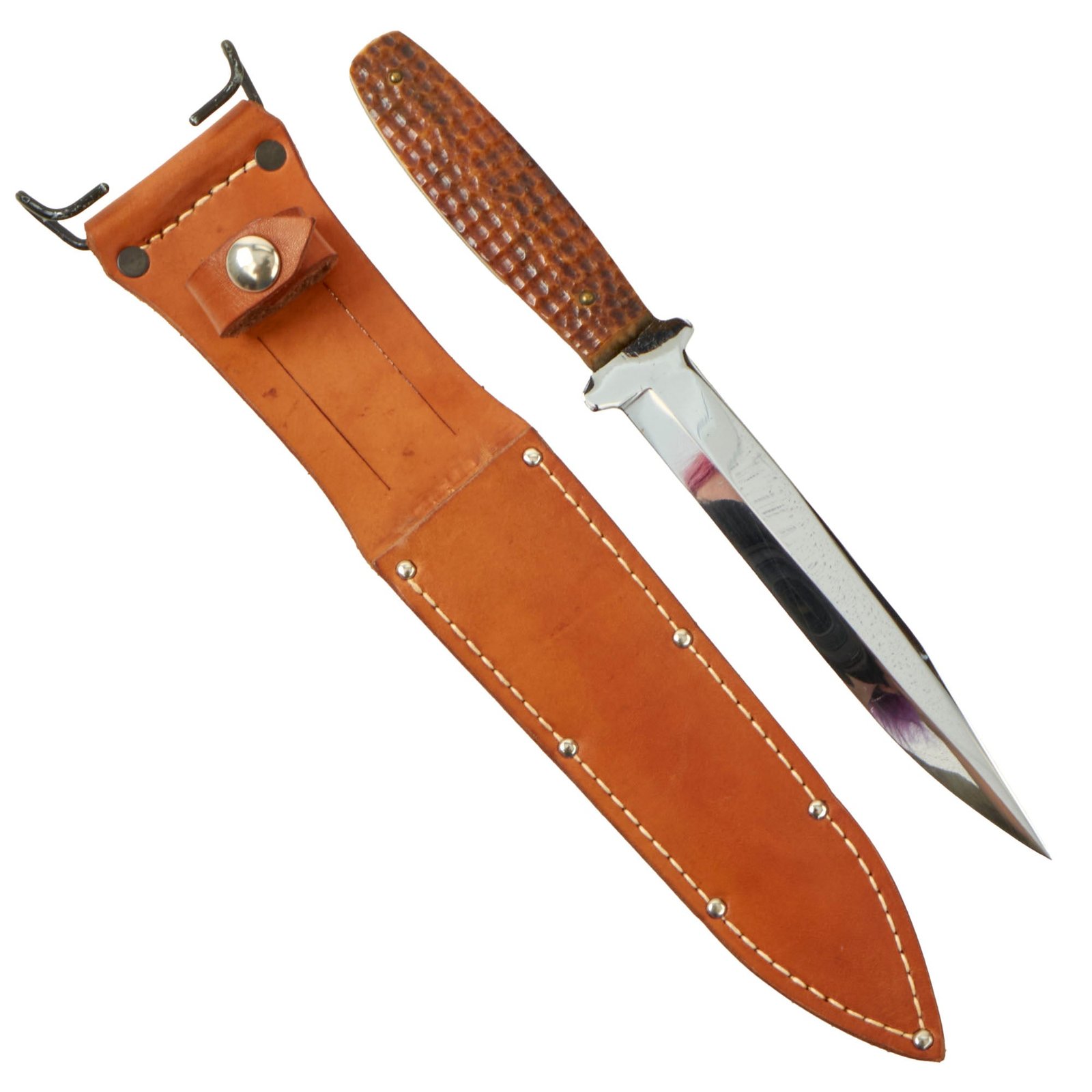 Buy Original U.S. WWII Case "Pig Sticker" Jigged Bone Handle Fighting Knife with Rare Chrome Plated Clip Point Blade & Belt Scabbard | Original Firearms Antique For Sale