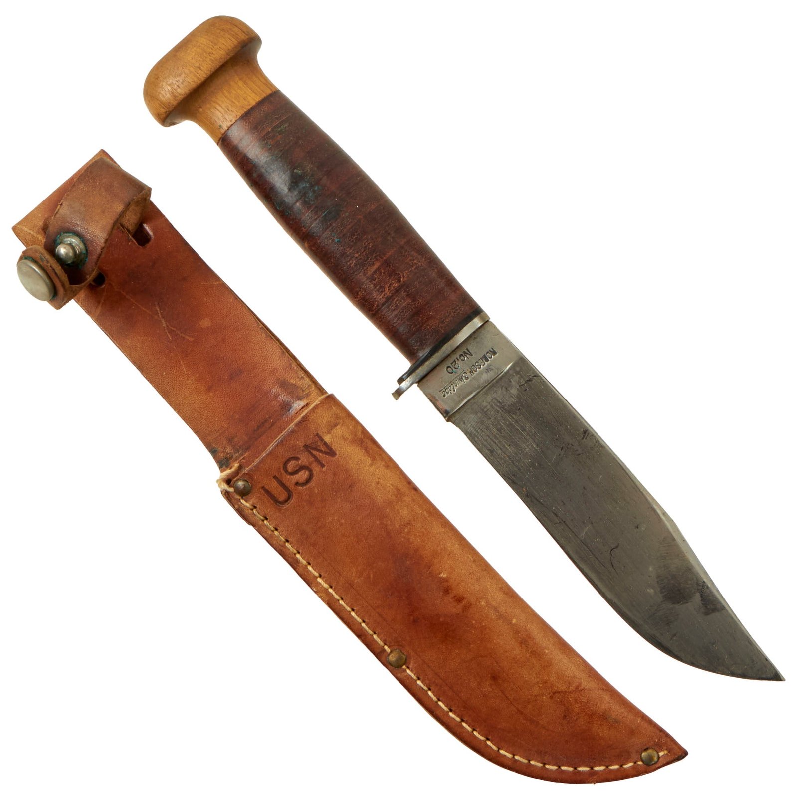 Buy Original U.S. WWII USN Mark 1 Robeson ShurEdge No. 20 Fighting Knife with Wood Pommel and Leather Scabbard | Original Firearms Antique For Sale