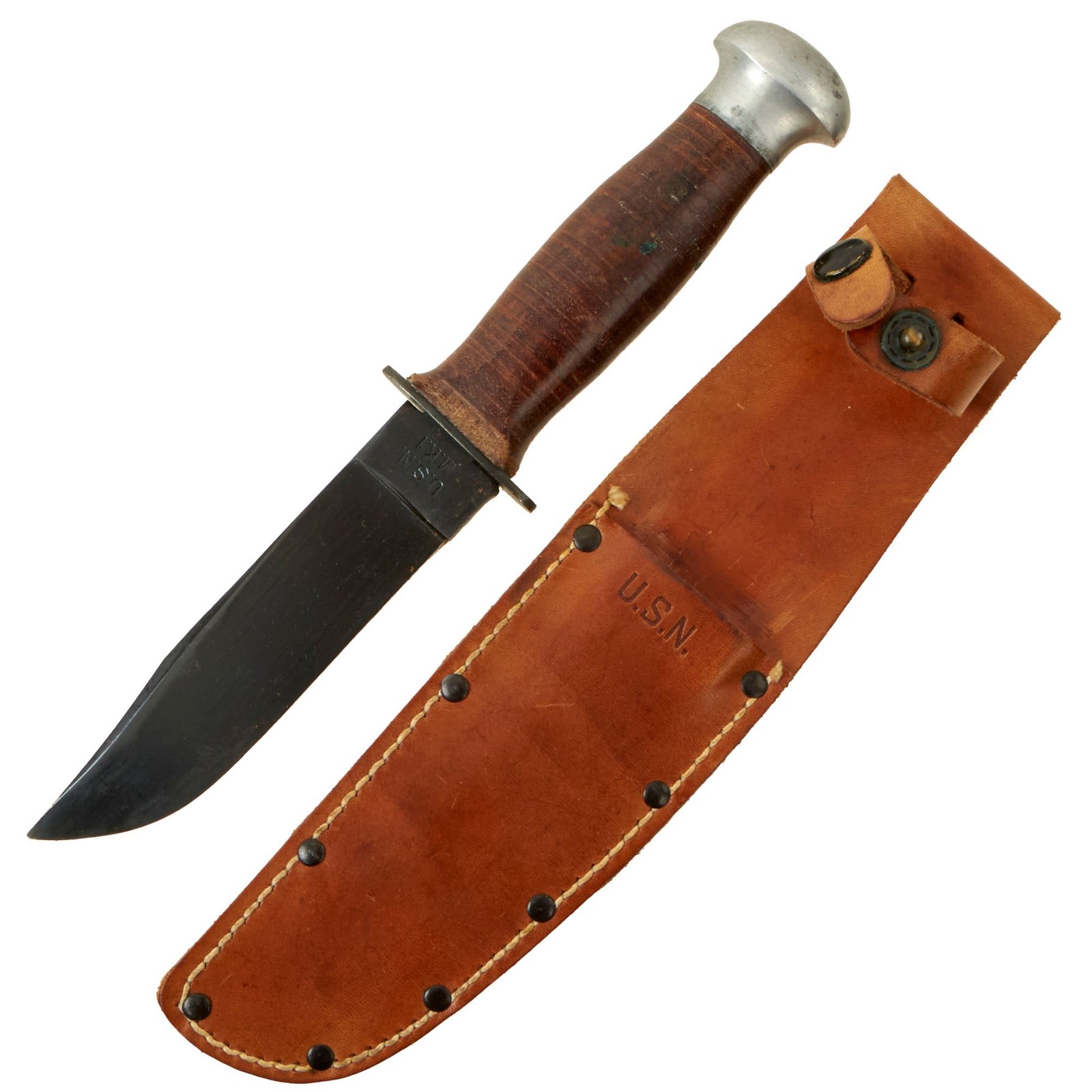 Buy Original U.S. WWII USN Mark 1 Robeson ShurEdge No. 20 Fighting Knife with Alloy Pommel and Leather Scabbard | Original Firearms Antique For Sale