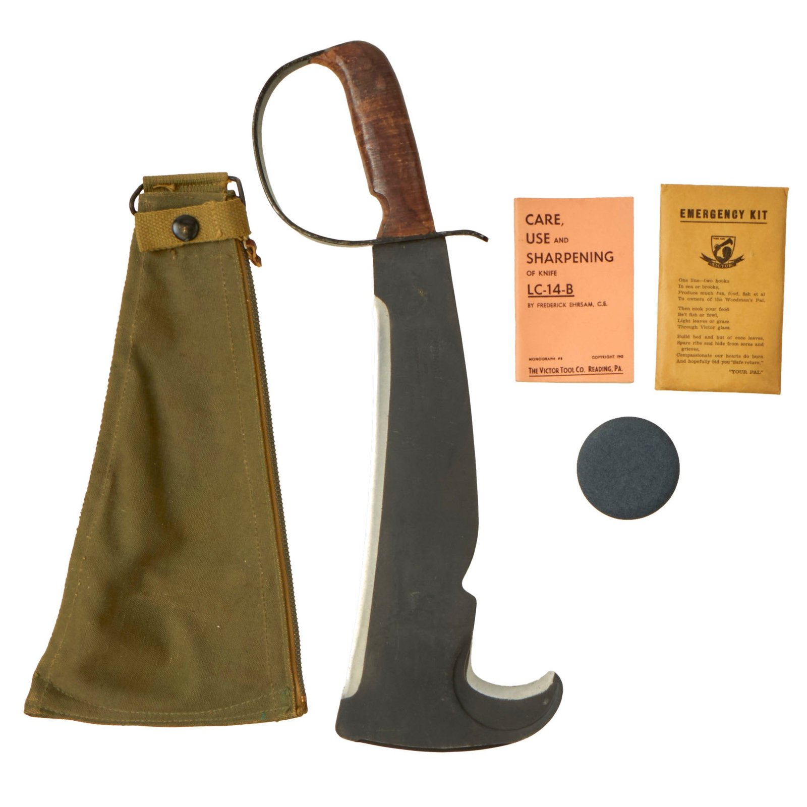 Buy Original U.S. WWII LC-14-B Woodman Pal Survival Axe by Victor Tool Company with Belt Scabbard, Booklet, Emergency Kit and Original Whetstone | Original Firearms Antique For Sale