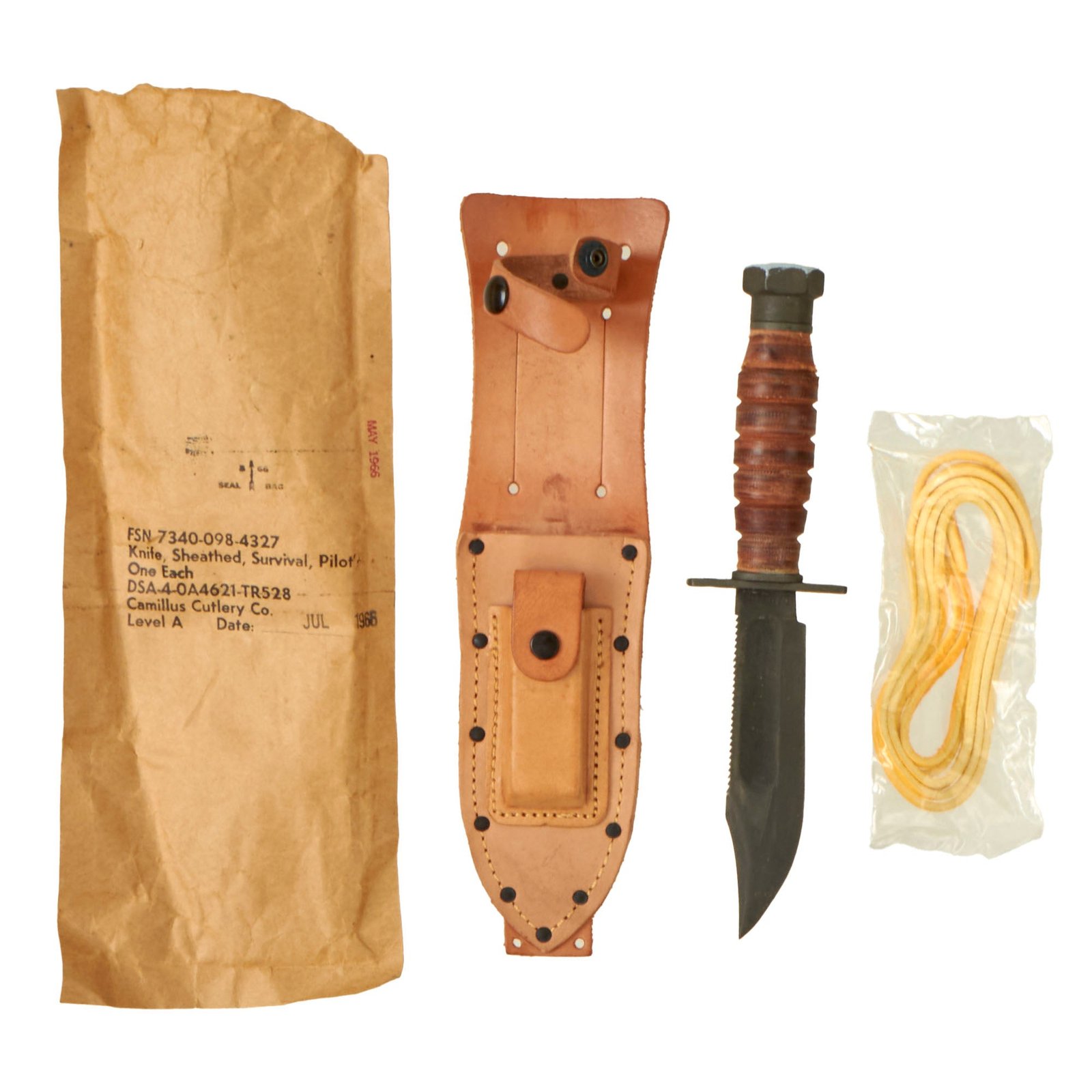 Buy Original U.S. Vietnam War New Old Stock "Jet Pilot" Air Force Survival Knife by Camillus with Scabbard, Whetstone, Leg Tie and Original Packaging Dated 1966 | Original Firearms Antique For Sale
