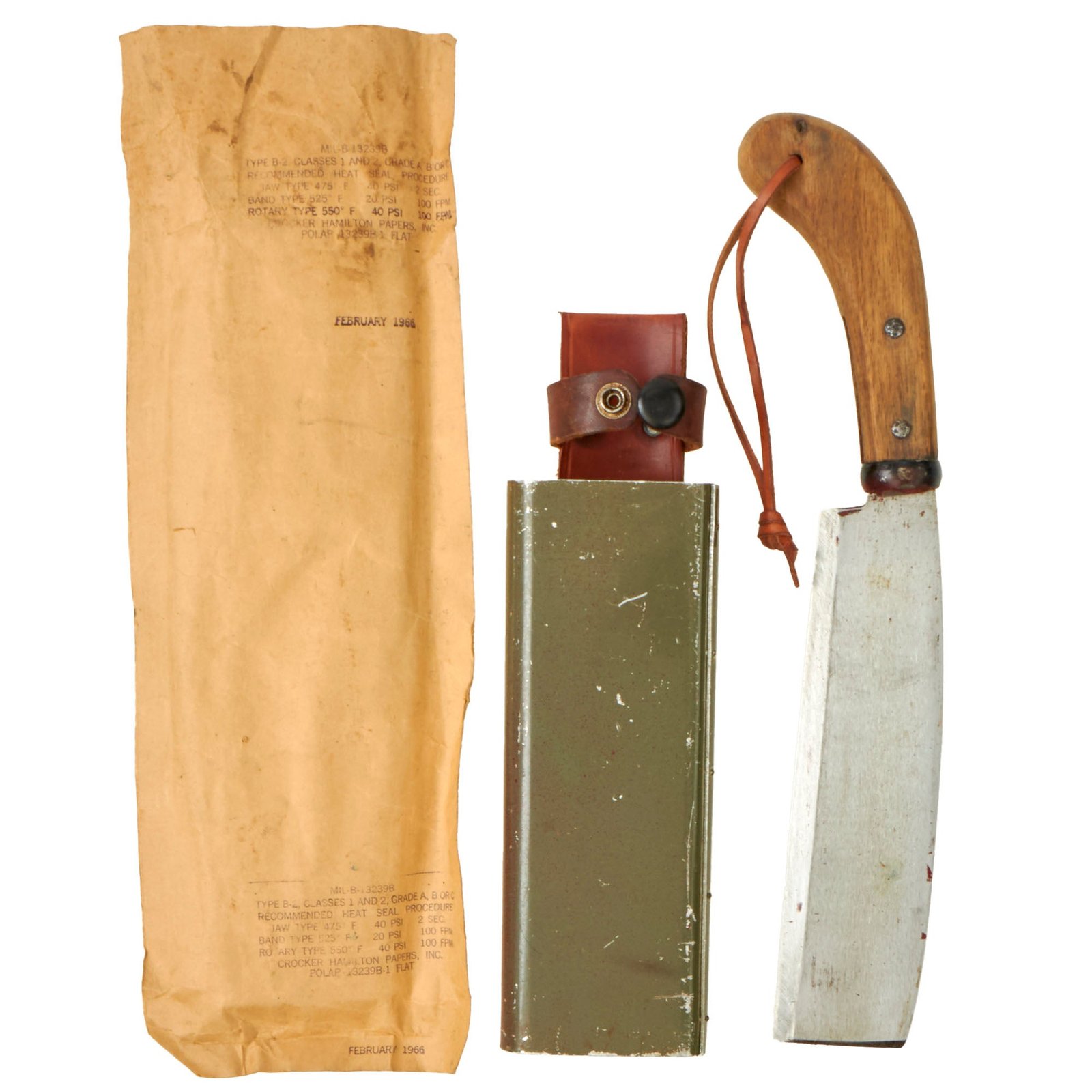 Buy Original U.S. Vietnam War Special Forces Counter Insurgency Support Officer 1st Pattern Bolo Machete With 1966 Dated Packaging - Banana Knife | Original Firearms Antique For Sale