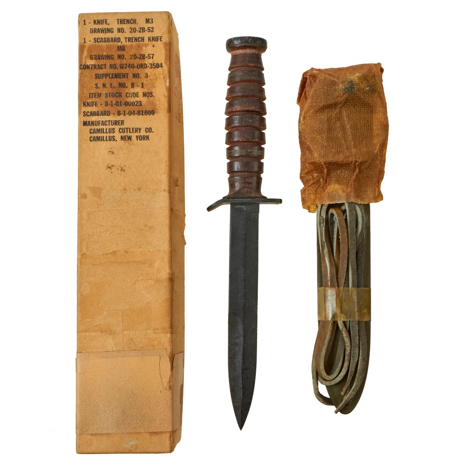 Buy Original U.S. WWII “New Old Stock” M3 Guard Marked Fighting Knife by Camillus with M8 Scabbard and Original Packaging | Original Firearms Antique For Sale