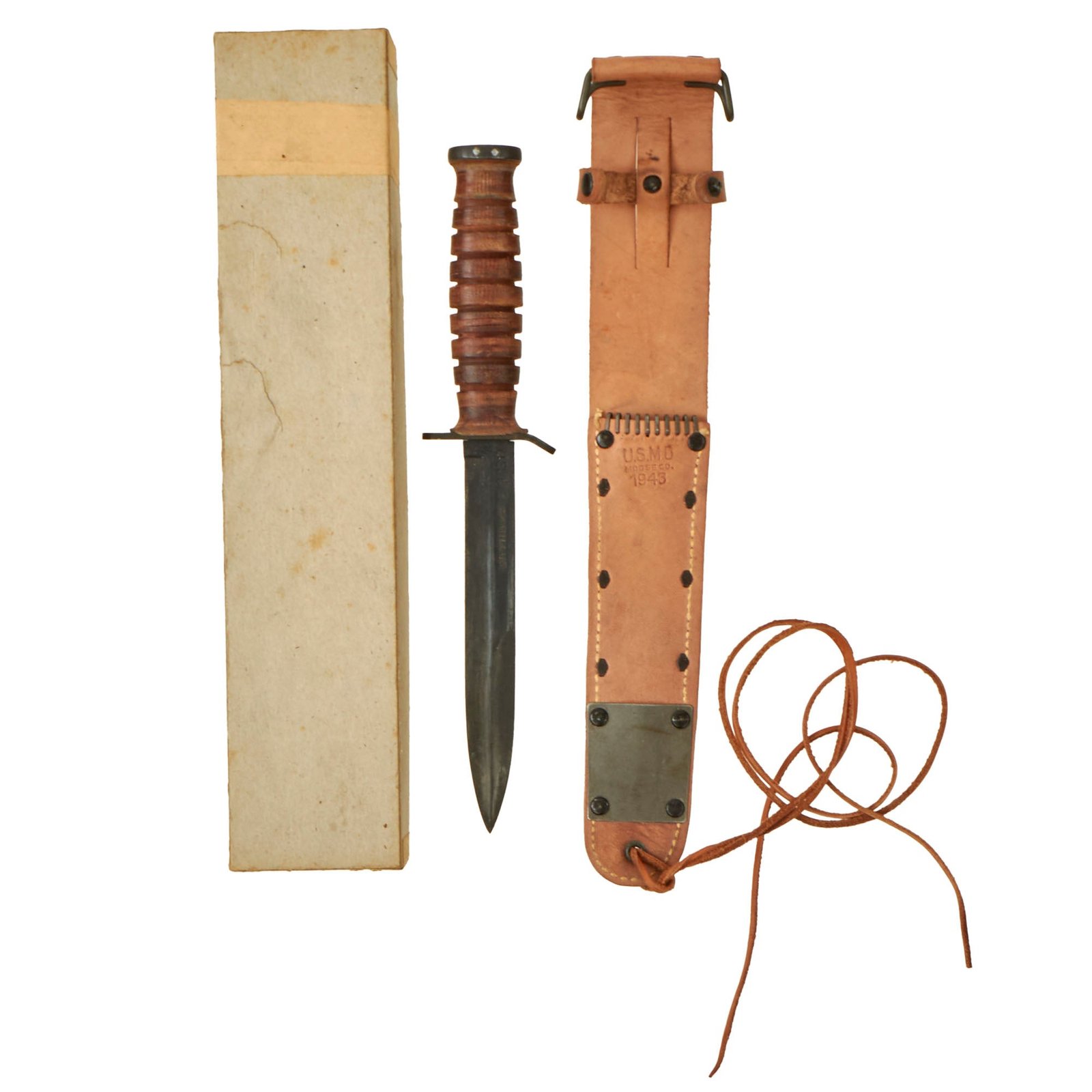 Buy Original U.S. WWII New Old Stock M3 Fighting Knife  Blade Marked by Camillus with 1943 Dated M6 Scabbard by Moose and Original Box | Original Firearms Antique For Sale