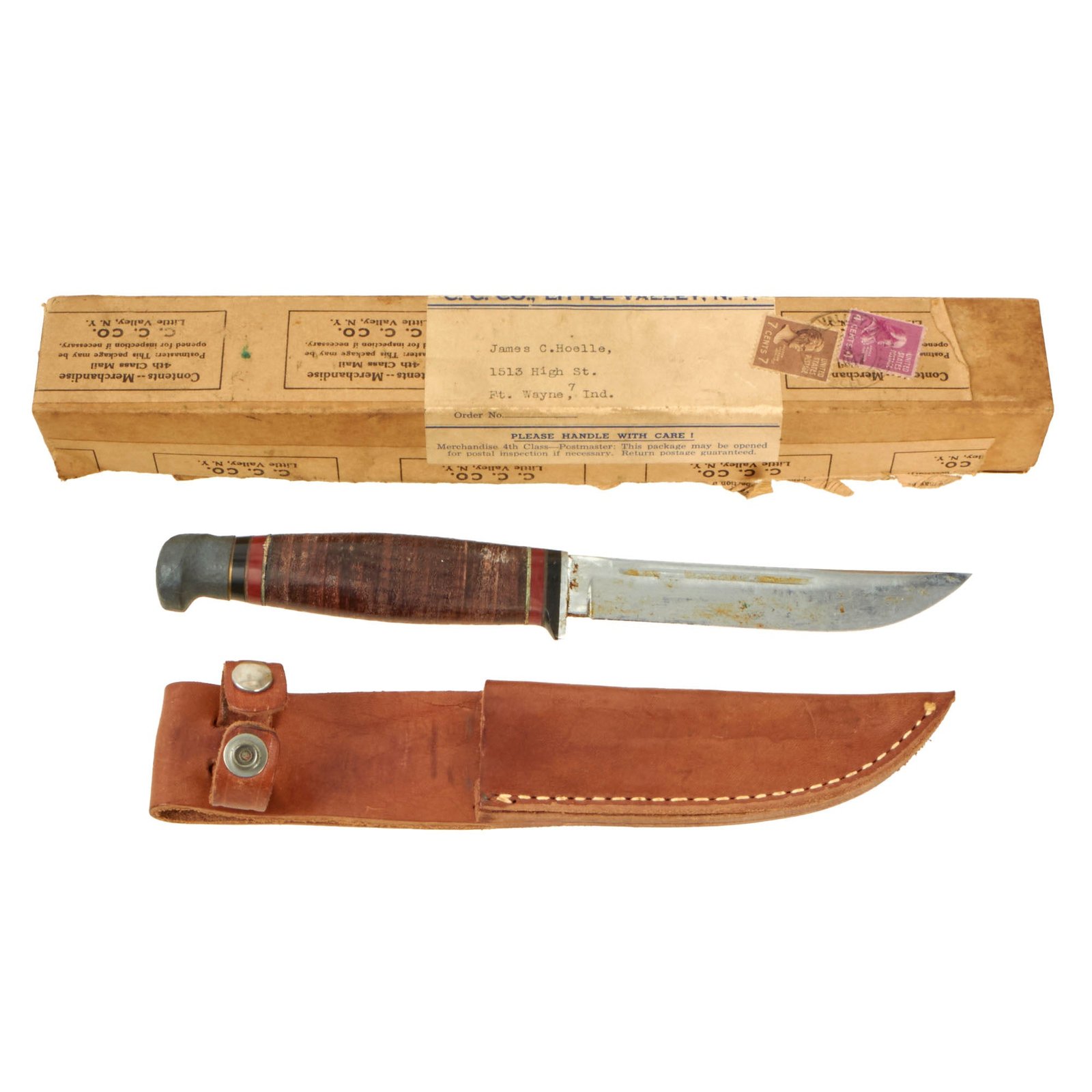 Buy Original U.S. WWII Utility Knife by the Cattaraugus Cutlery Company With Leather Sheath with Factory Postal Packaging - New Old Stock | Original Firearms Antique For Sale