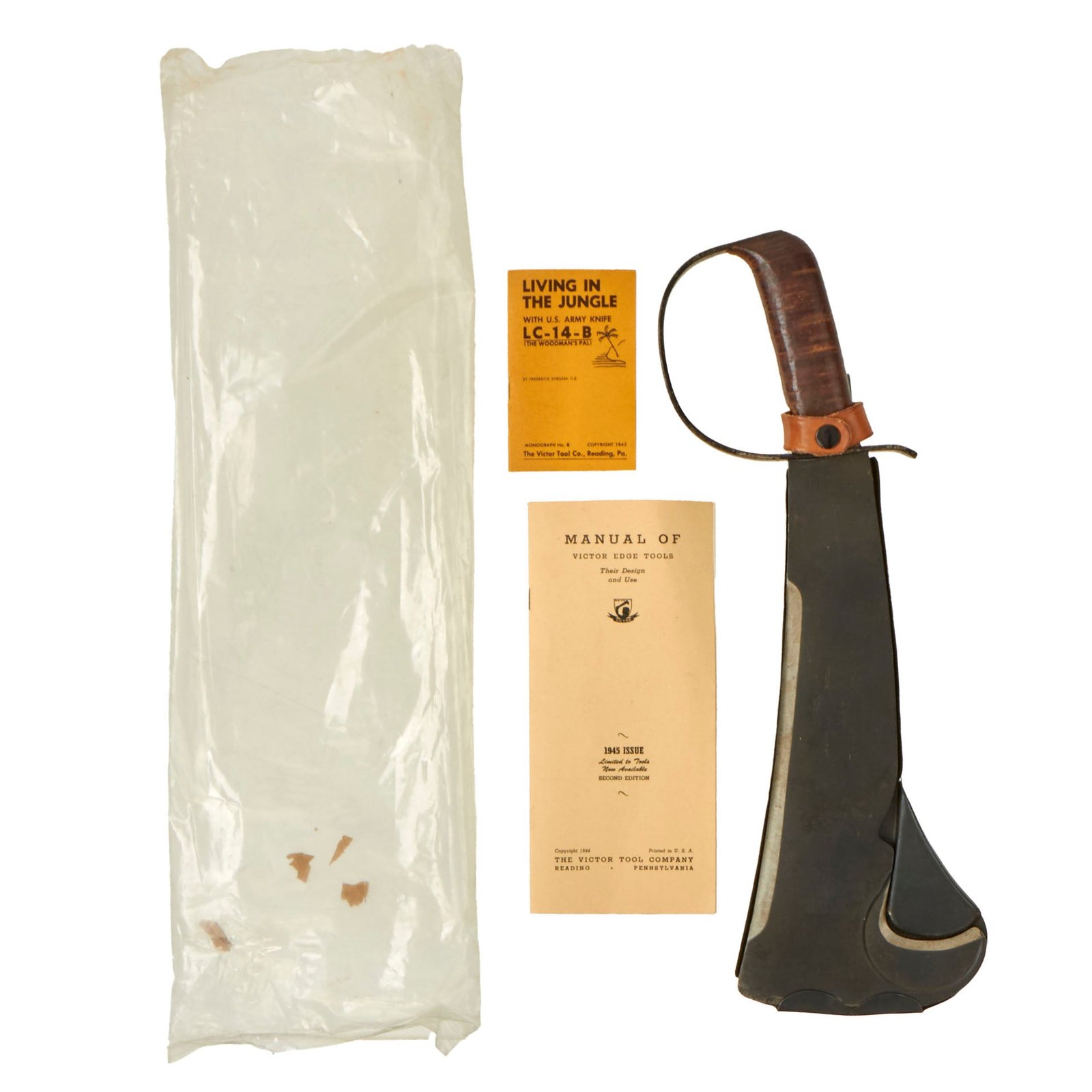 Buy Original U.S. Post WWII Unissued Woodman's Pal Survival Axe by Victor Tool with Steel Belt Carrier & Manuals | Original Firearms Antique For Sale
