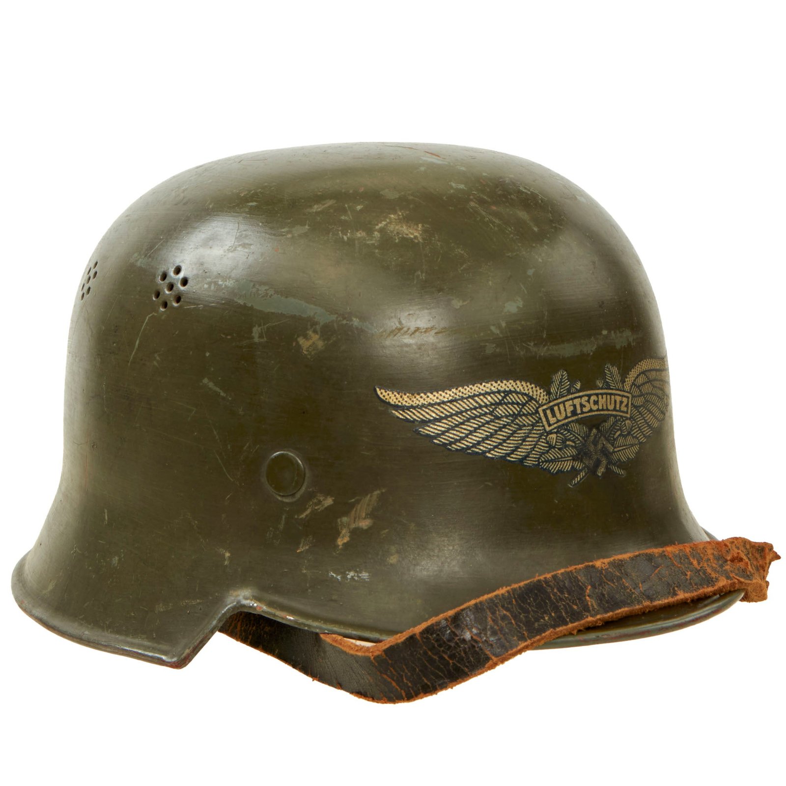 Buy Original German WWII Early M34 Civic Square Dip Luftschutz Air Defense Steel Helmet with Green Paint over Gray | Original Firearms Antique For Sale